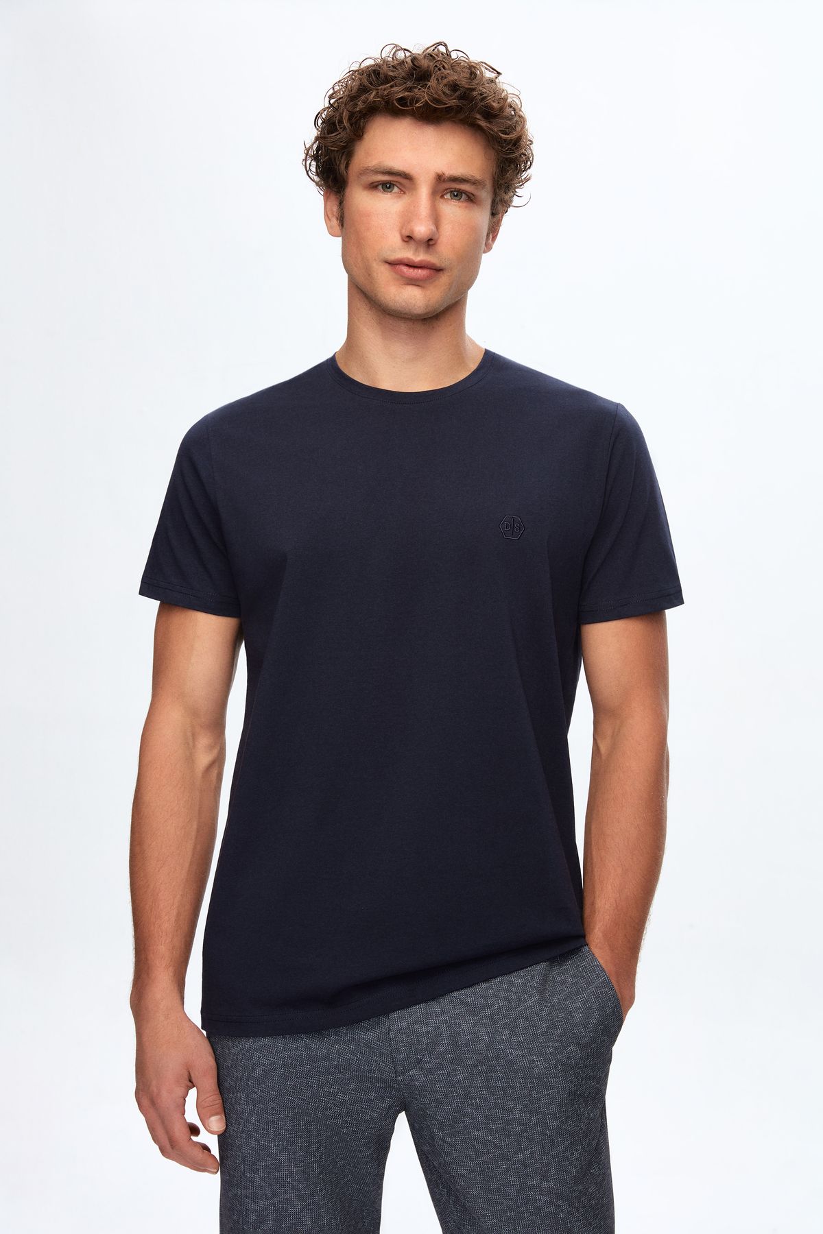 D'S Damat Ds Damat Regular Fit Lacivert Düz Örgü Nakışlı %100 Pamuk T-shirt