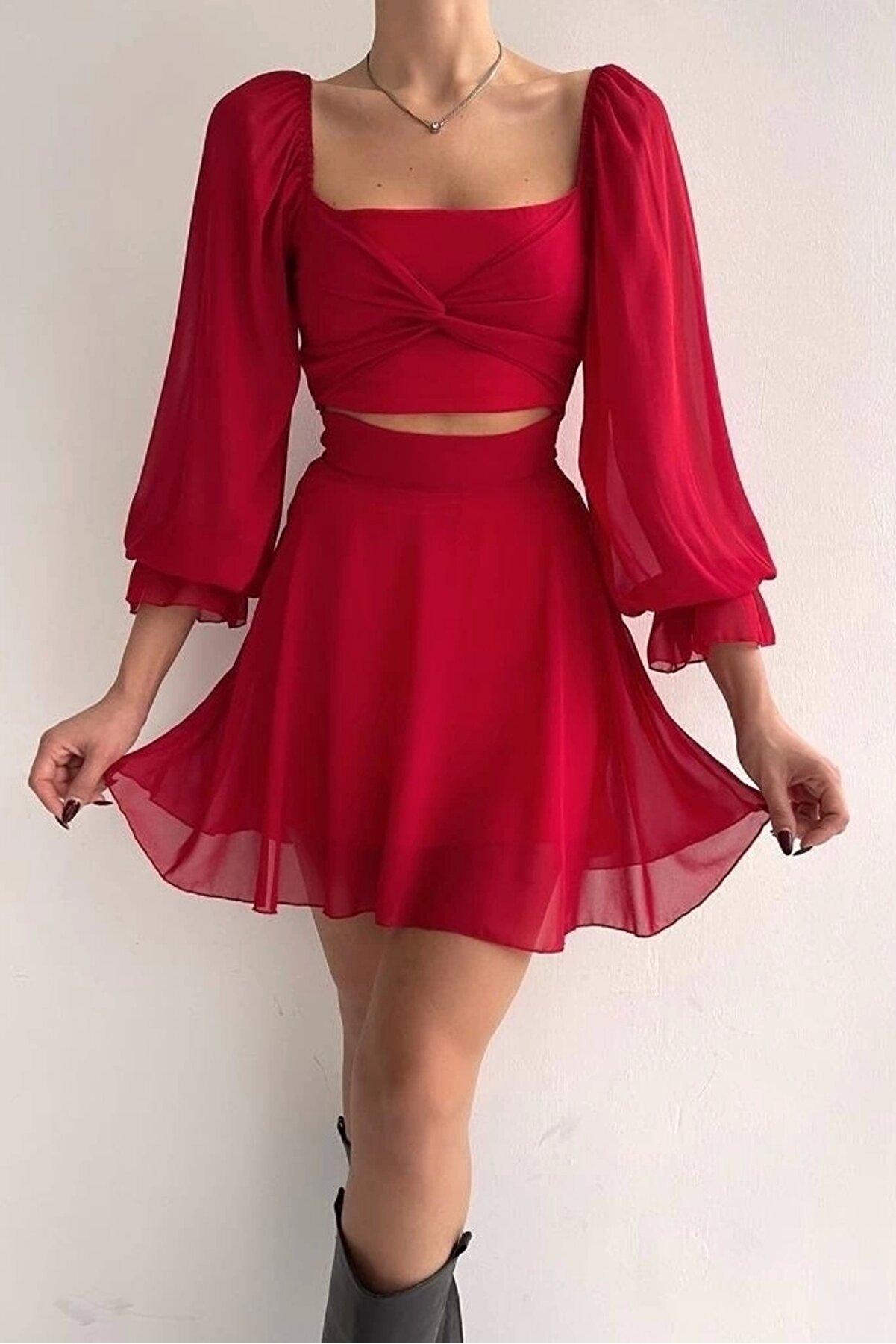 Eka Kadın Kırmızı Bel Detaylı Tül Elbise 0990-212045
