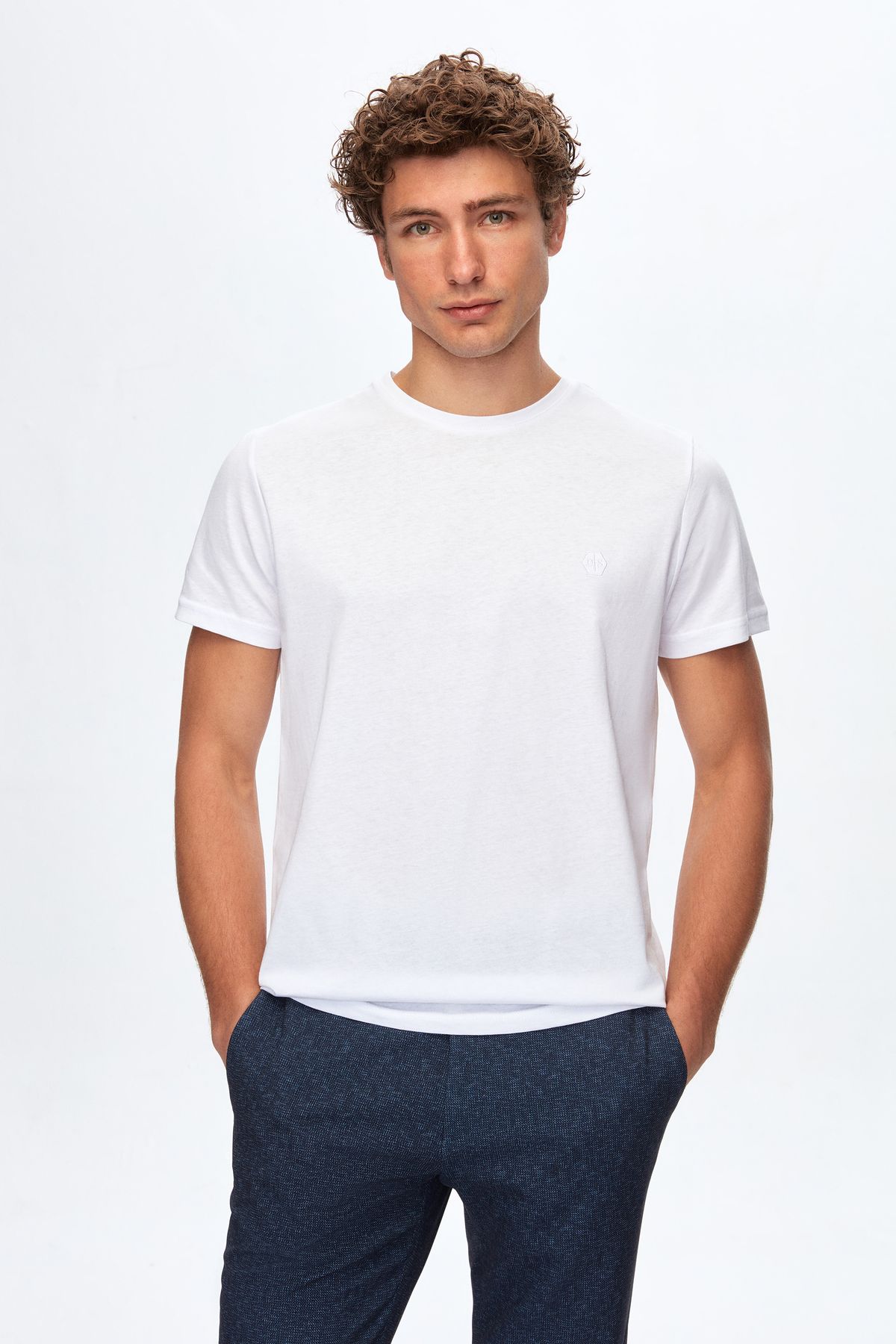 D'S Damat Ds Damat Regular Fit Beyaz Düz Örgü Nakışlı %100 Pamuk T-shirt