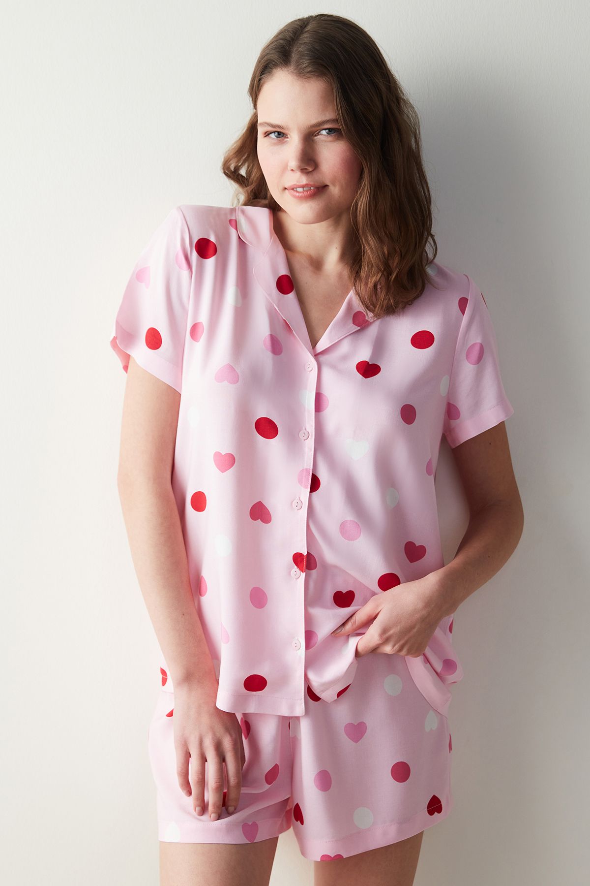 Penti Base Cute Hearts Pembe Gömlek Şort Pijama Takımı