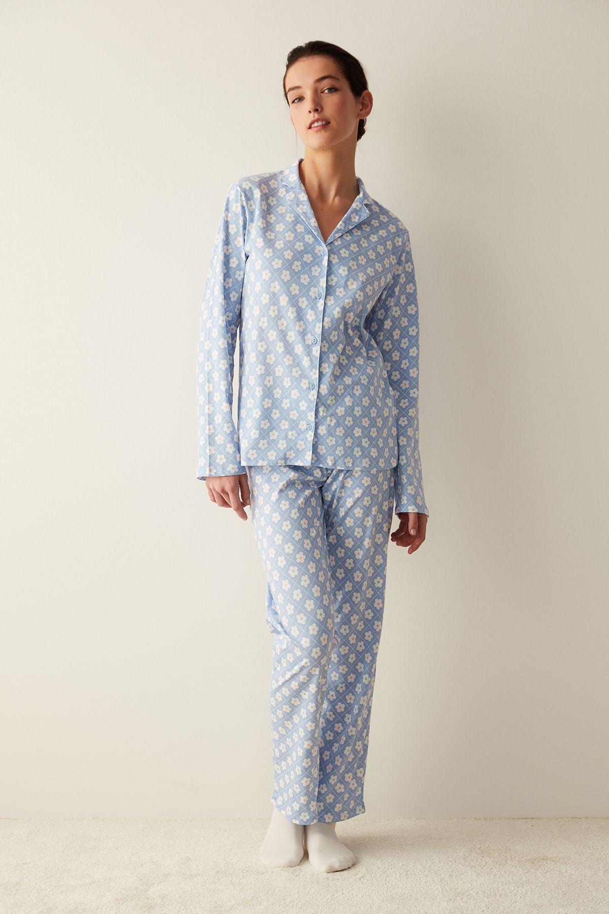 Penti Base Mavi Floral Gömlek Pantolon Pijama Takımı