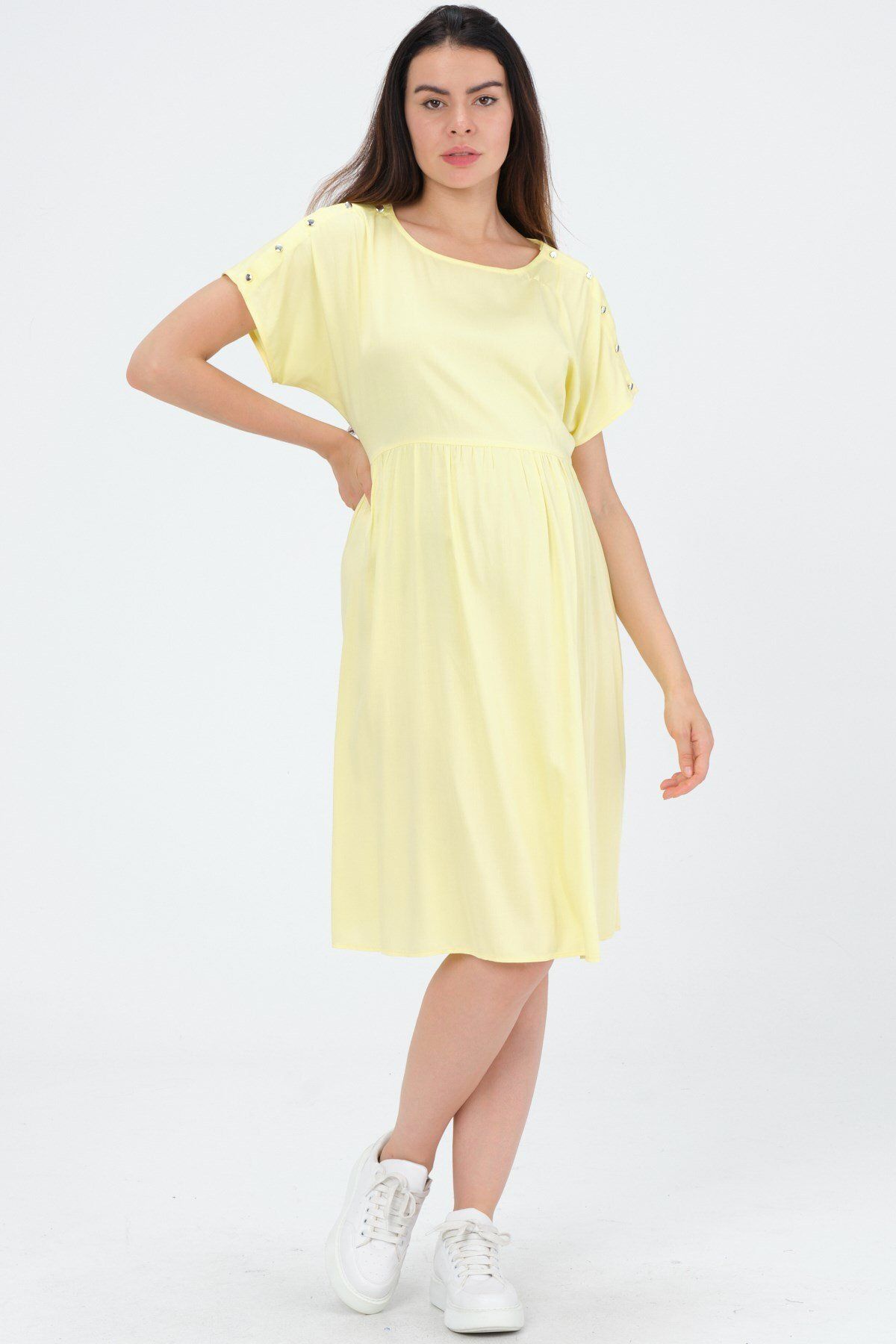 BUSA Hamile Omuzdan Düğmeli Emzirme Detaylı Elbise Sarı
