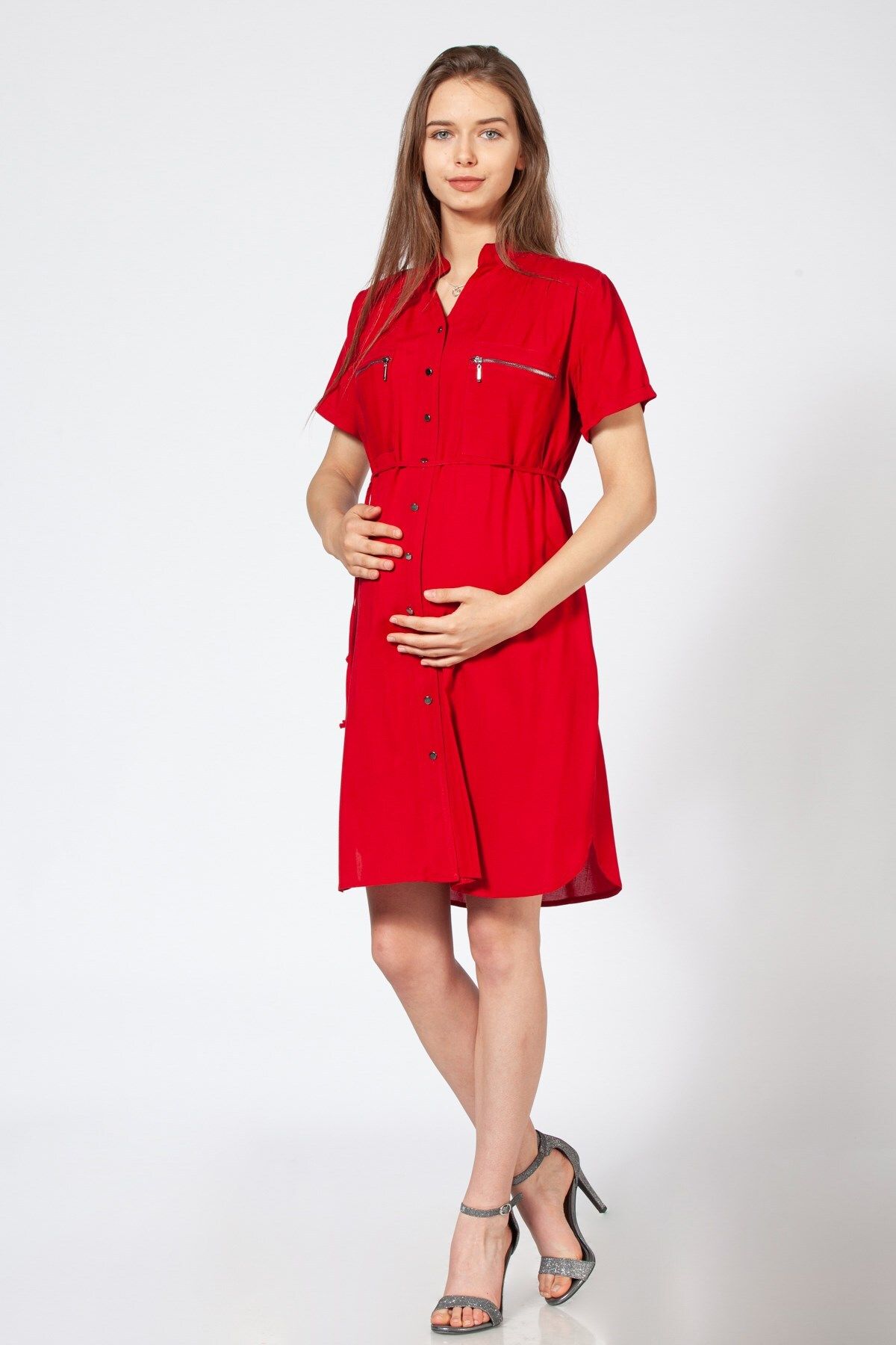 BUSA Hamile Önden Düğmeli Bel Kemeli Cepli Elbise Kırmızı