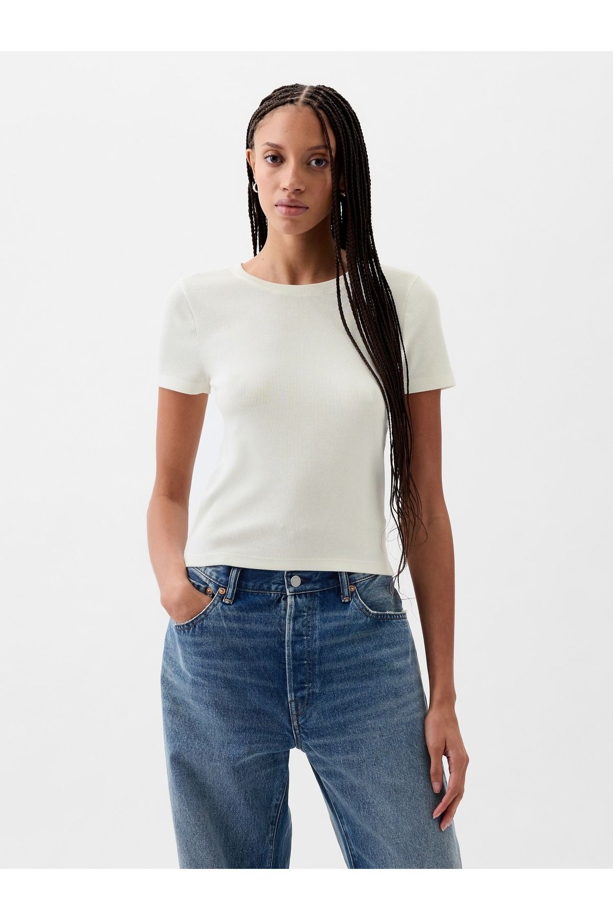 GAP Kadın Kırık Beyaz Modern Fitilli Crop T-Shirt