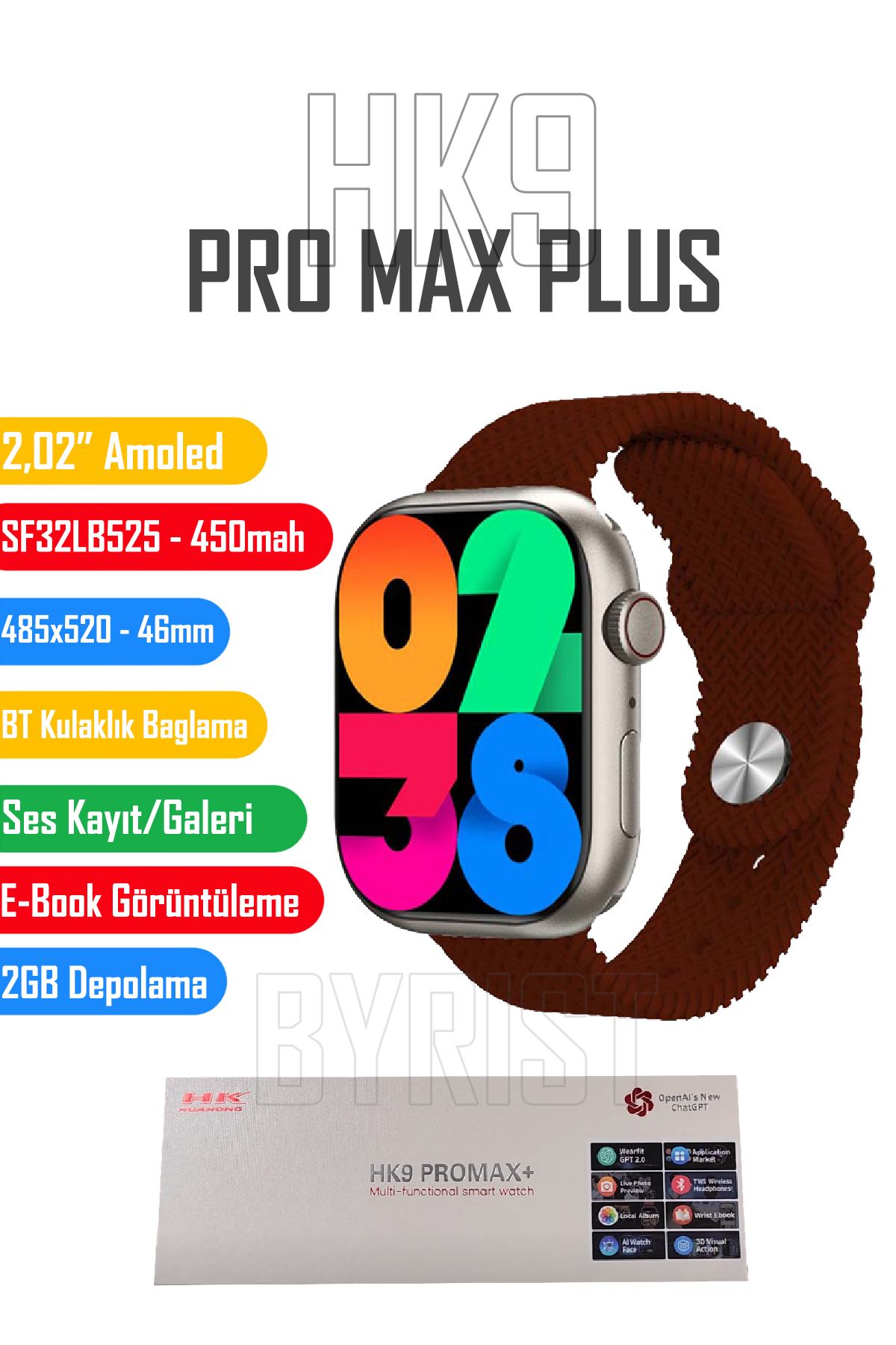 Byrist HK9 Pro Max Plus GEN4 46MM Amoled Ekran Galeri/Ses Kayıt/2GB Depolama Özellikli 2024 Akıllı Saat