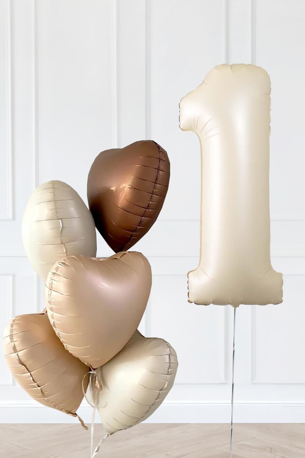 PEKSHOP Retro Krem Yaş Balonlu Karamel Kahve Kalpli Retro Doğum Günü Yaş Balon Seti