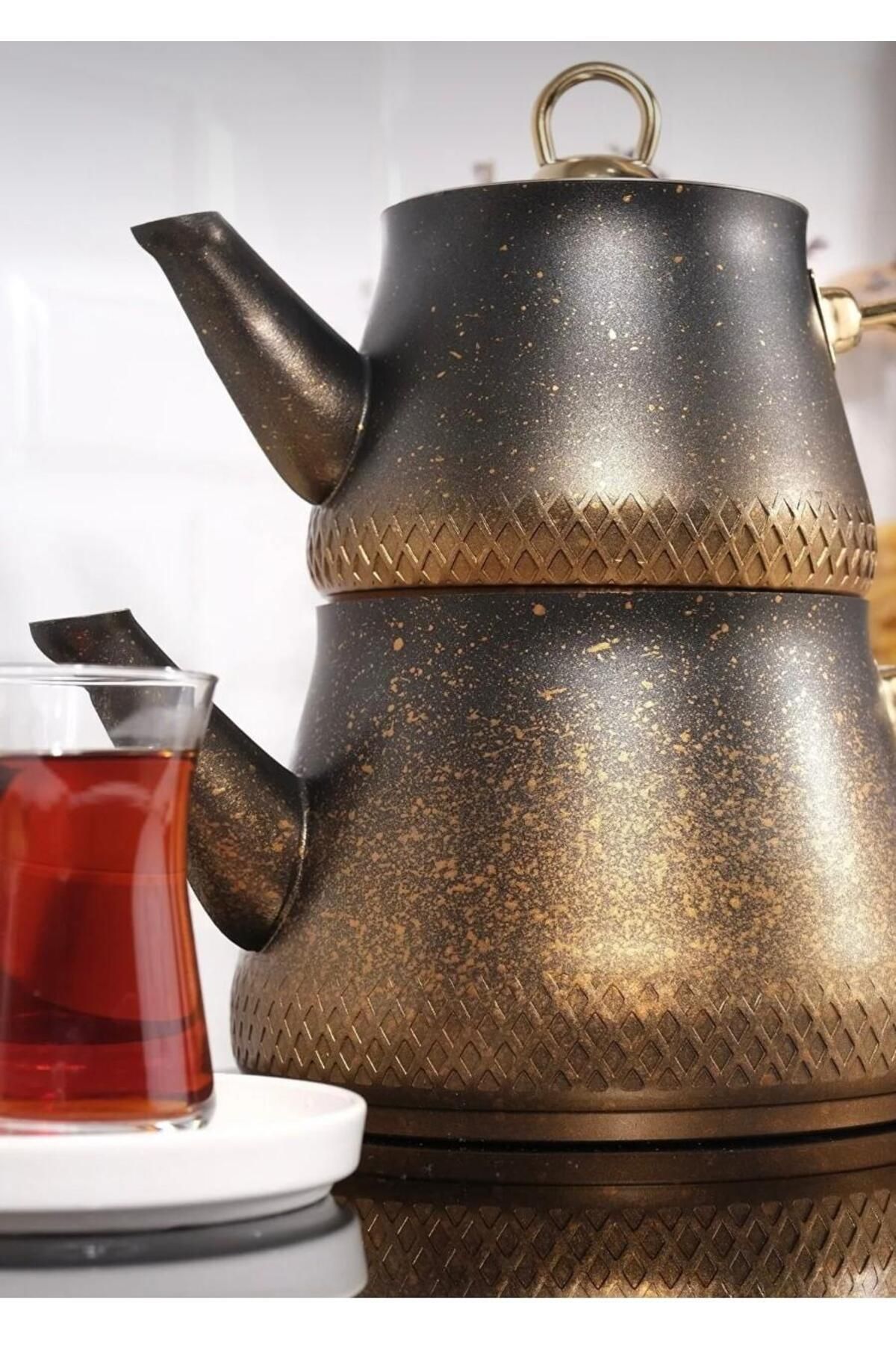 arnisa Granit Aile Boyu Büyük Çaydanlık Takımı Altın Kulplu Çaydanlık Seti