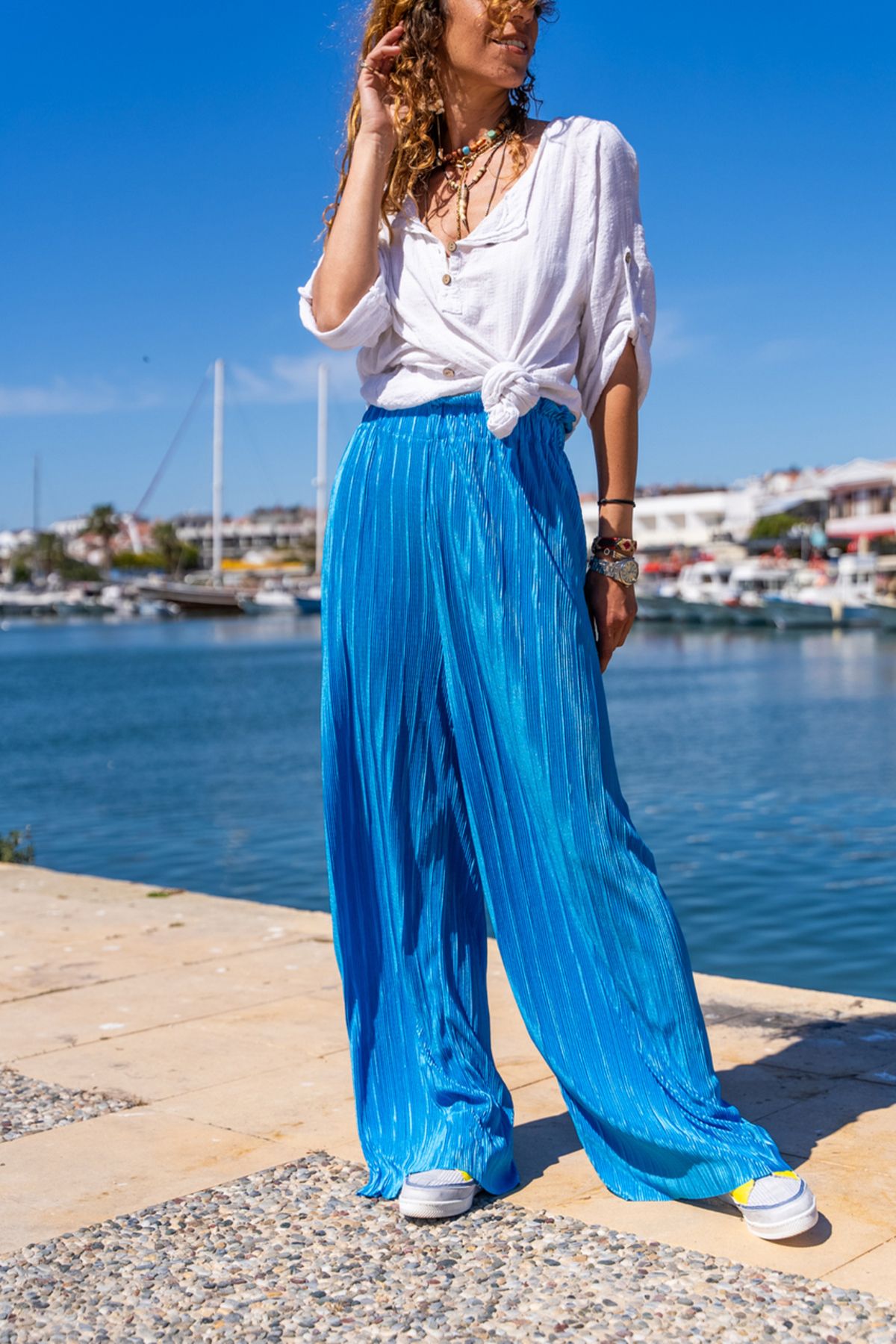 Güneşkızı Kadın Mavi Kendinden Dokulu Beli Lastikli Bol Paça Salaş Pantolon BST700-3578