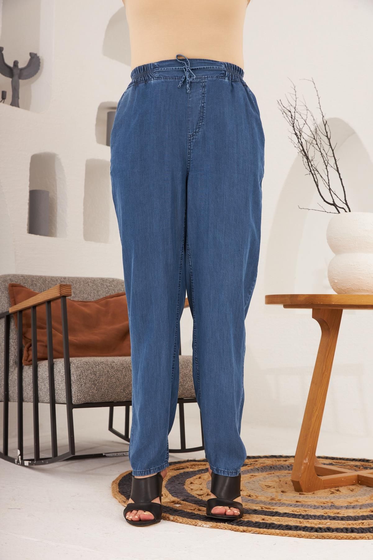 Rmg Bel Bağcık Detaylı Beli Lastikli Büyük Beden Mavi Pantolon