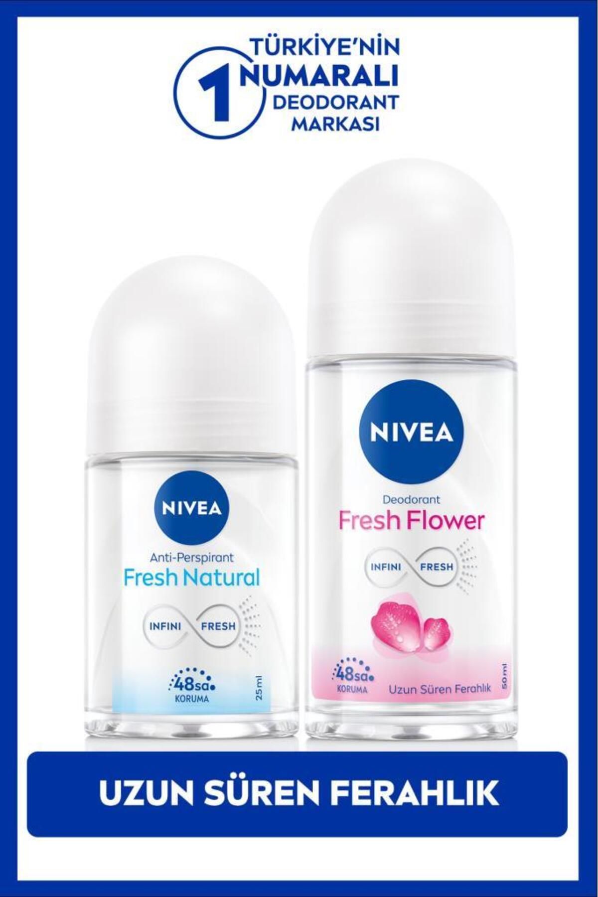 NIVEA Kadın Roll-on Deodorant Fresh Flower 50ml ve Mini Roll-on Fresh Natural 25ml, 48 Saat Koruma