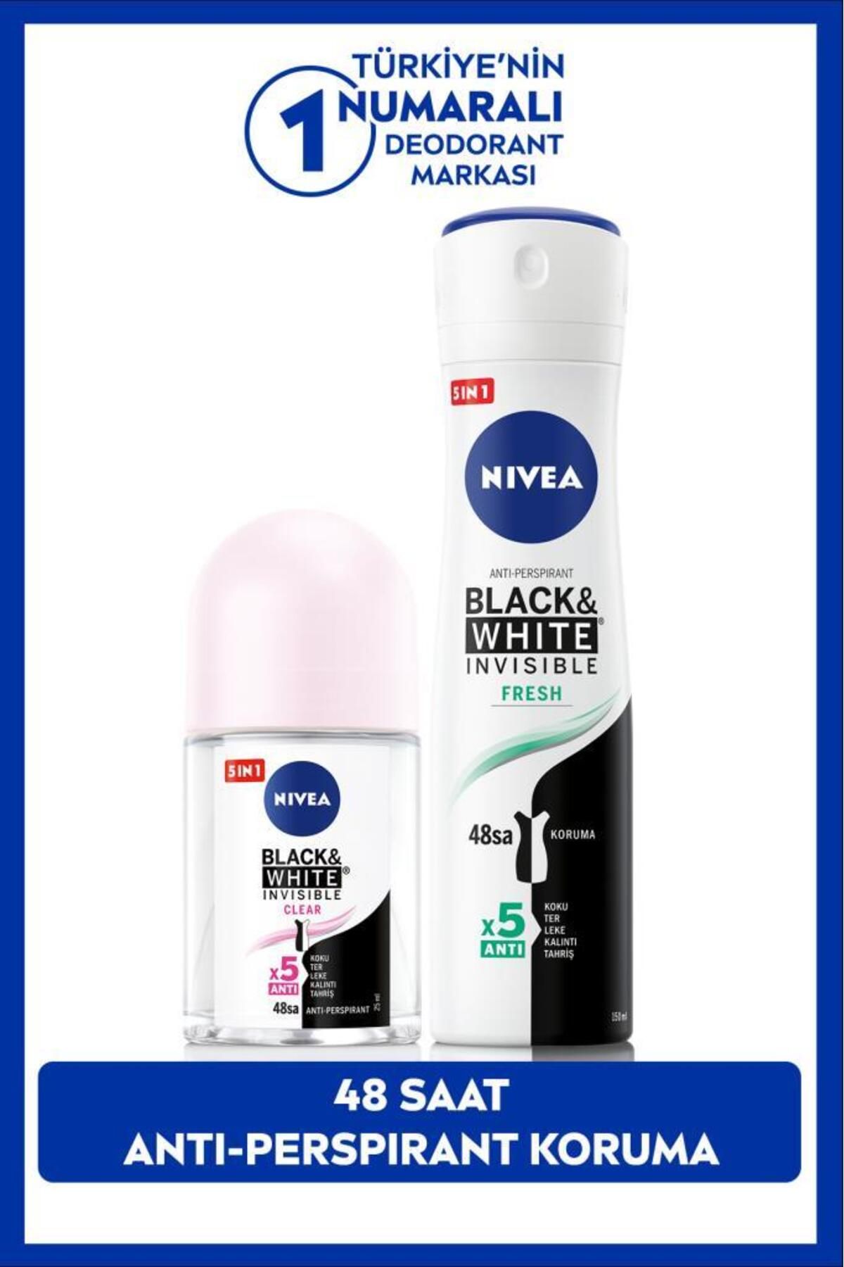 NIVEA Kadın Sprey Deodorant Black&White Fresh 150ml ve Mini Roll-on Black&White 25ml, Koyu Leke Karşıtı