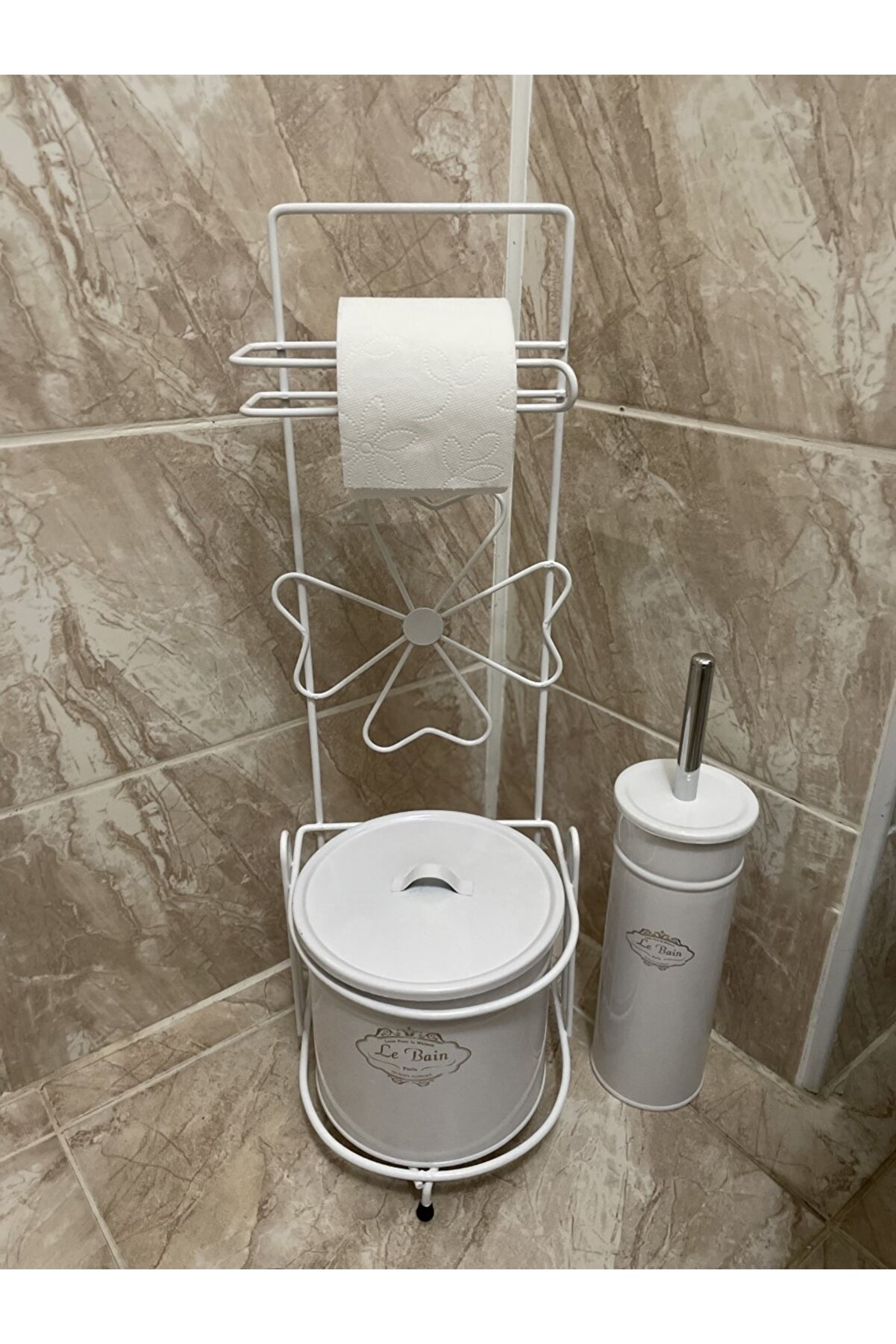 Evistro Ferforje Wc Tuvalet Kağıdı Askısı Tuvalet Fırçası Çöp Kova Beyaz
