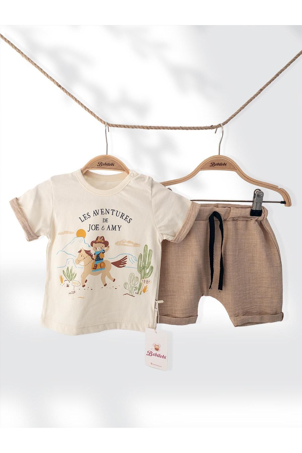 Bebilobi Erkek Bebek %100 Pamuk Safari Desenli Şort Tişört 2'li Takım - Koyu Bej