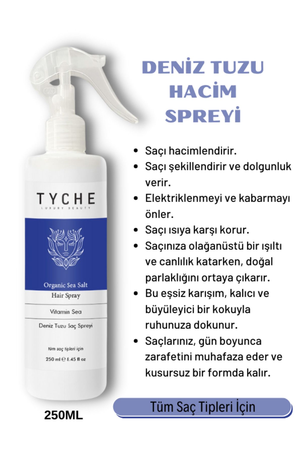 TYCHE LUXURY BEAUTY Hacim Ve Dolgunluk Veren Deniz Tuzu Saç Spreyi Organic Sea Salt Hair Spray Vitamin Sea 250 ml