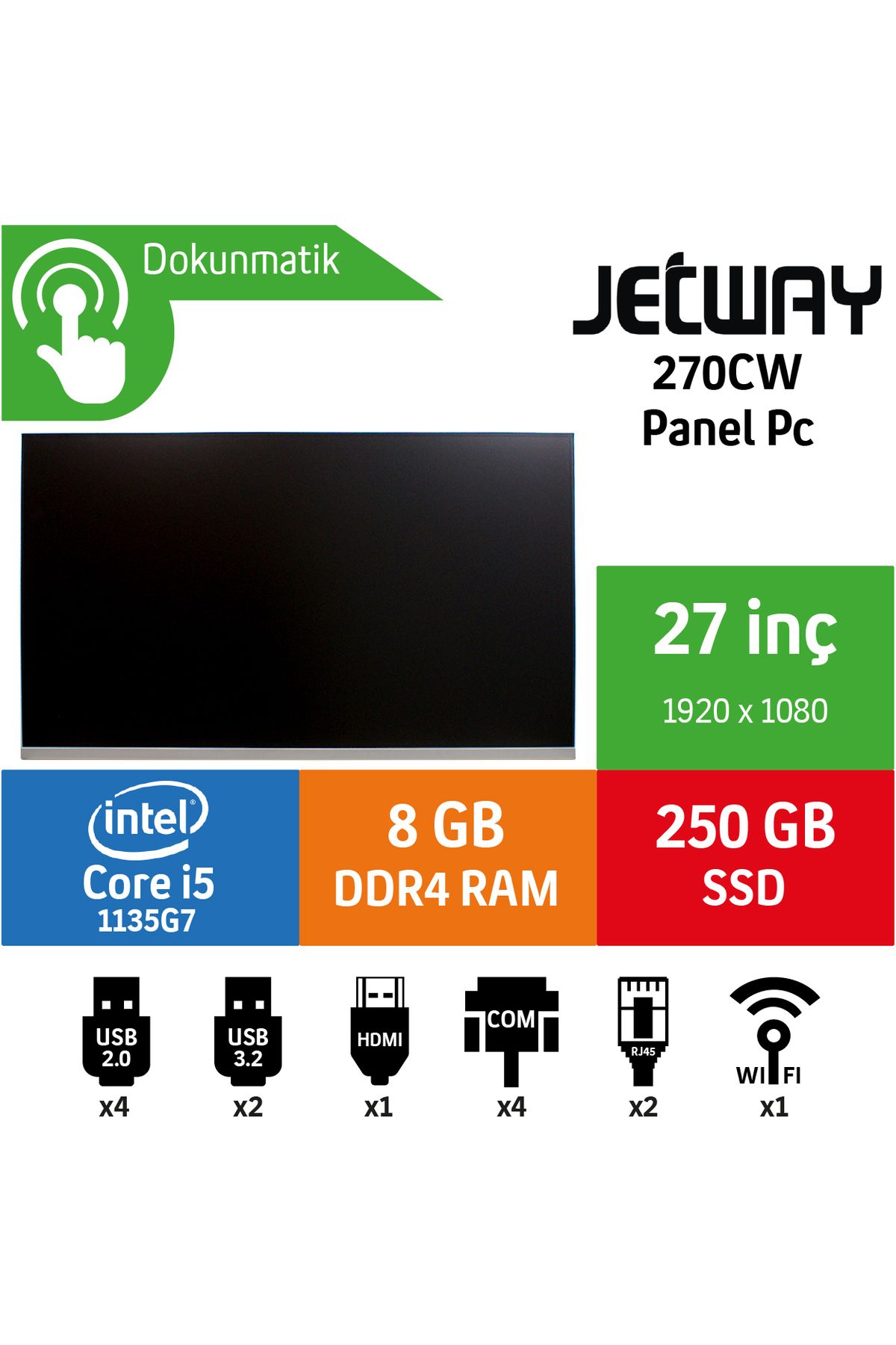 Jetway 270cw Intel Core I5 1135g7 8gb 256gb Ssd Freedos 27" Endüstriyel Panel Pc