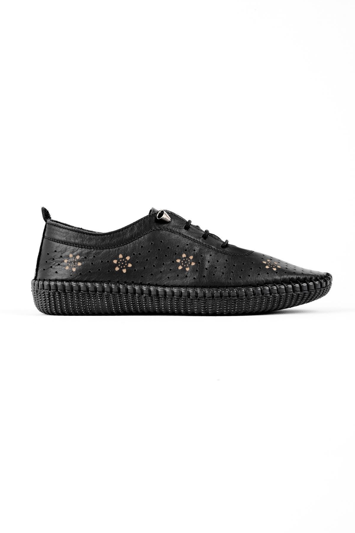 LAL SHOES & BAGS Mosen Lazer Çiçek Baskılı Hakiki Deri Kadın Günlük Ayakkabı-siyah