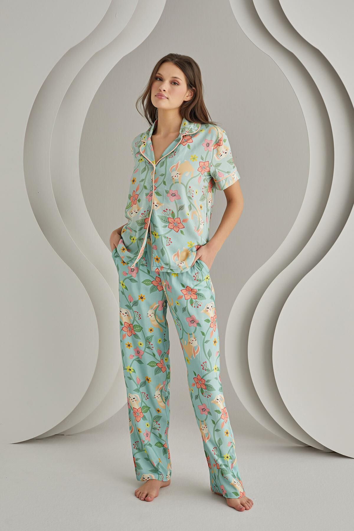 Nbb Yeşil Çiçek Desenli Önden Düğmeli Gömlekli Kadın Pijama Takımı, %100 Viskon