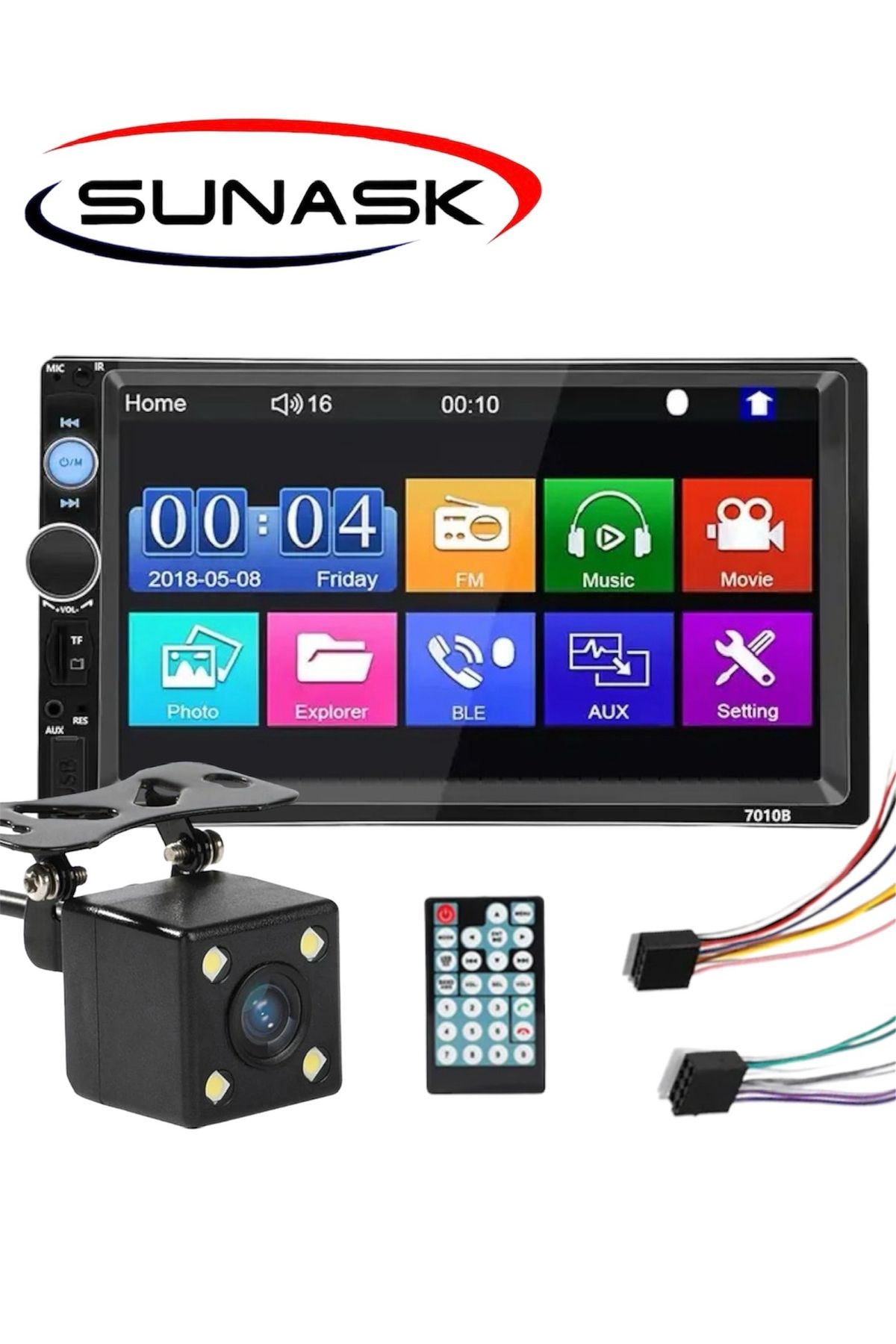Sunask Ekranlı Oto Teyp 7 Inç Double Teyp Park Kamerası Bluetooth Mp5 Mp3 Usb Sd Kart Radyo