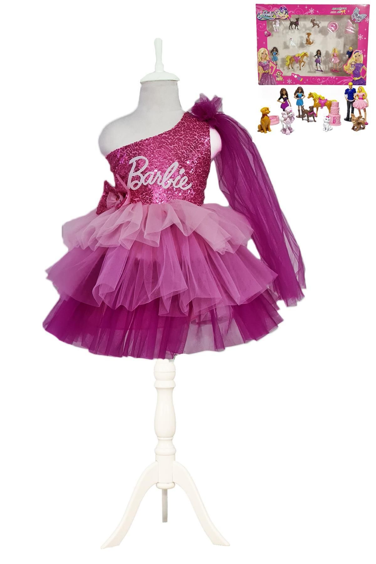 Mashotrend Tek Omuz Barbie Kostümü + Barbie Figü Seti - Barbi Elbise- Barbie Elbise Barbie Cosplay Pembe Elbise