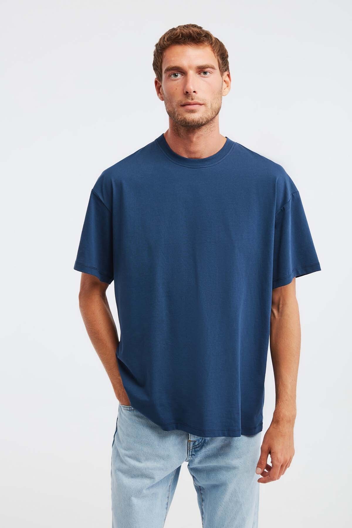 GRIMELANGE Jett Erkek Oversize Fit %100 Pamuk Kalın Dokulu Lacivert T-shirt