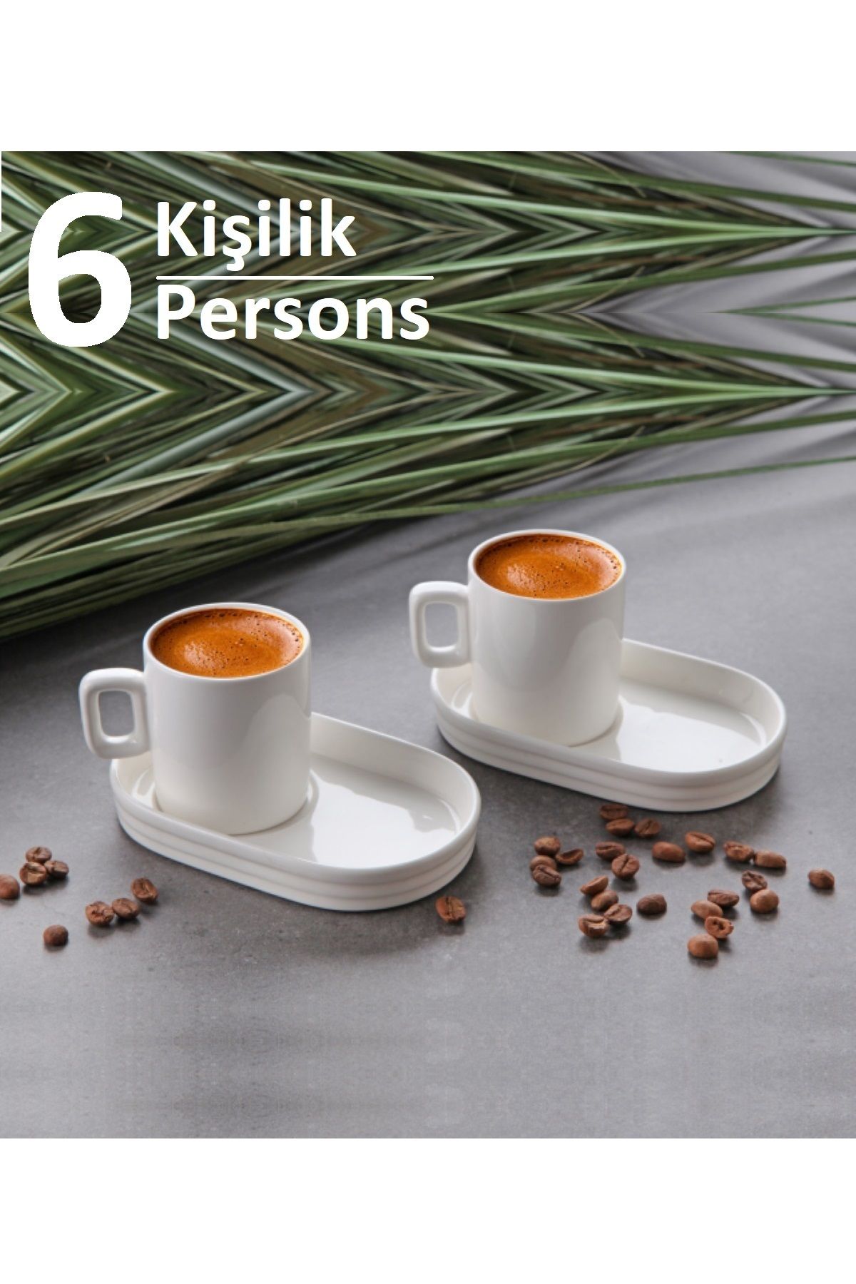 Pinkev 6 Kişilik Oval Sunumluklu Sade Porselen Türk Kahvesi Kahve Fincanı Takımı Seti