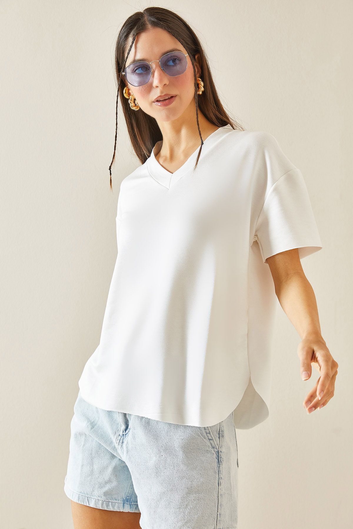 XHAN Beyaz V Yaka Lazer Kesim T-Shirt 5YXK1-48401-01
