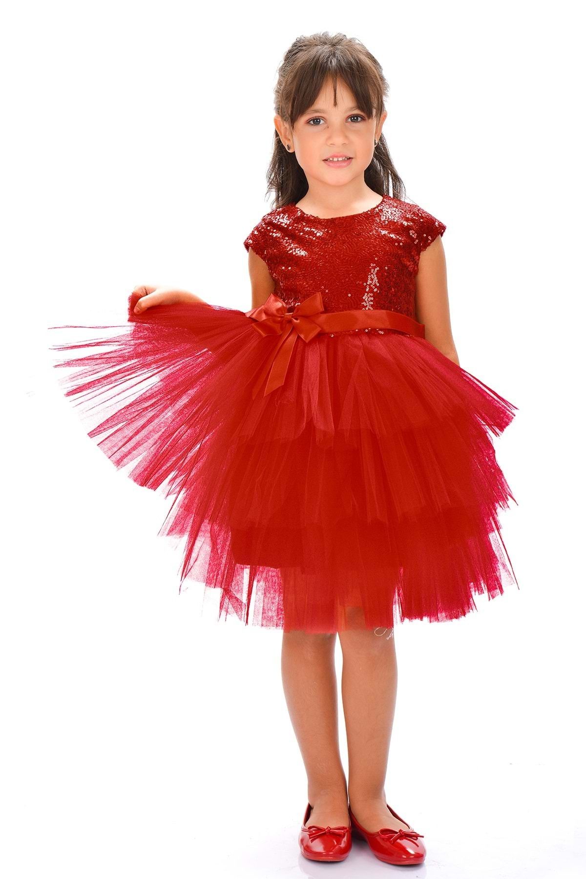 Mnk Kız Çocuk Pullu Tüllü Parti Elbisesi Kırmızı