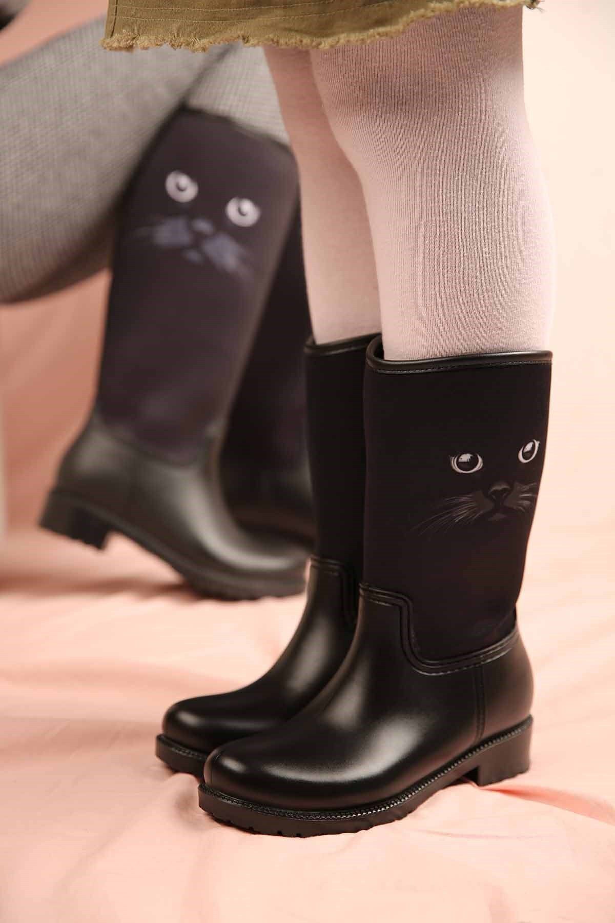 Ccway Çocuk Kedi Bıyıklı Yağmur Botu Siyah