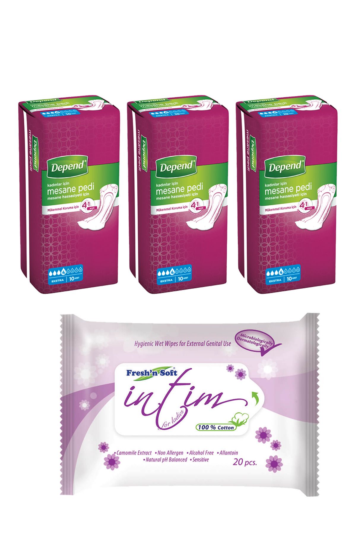 Depend Mesane Pedi Ekstra 3 Paket 30 Adet + İntim Dış Genital Bölge Temizleme Mendili