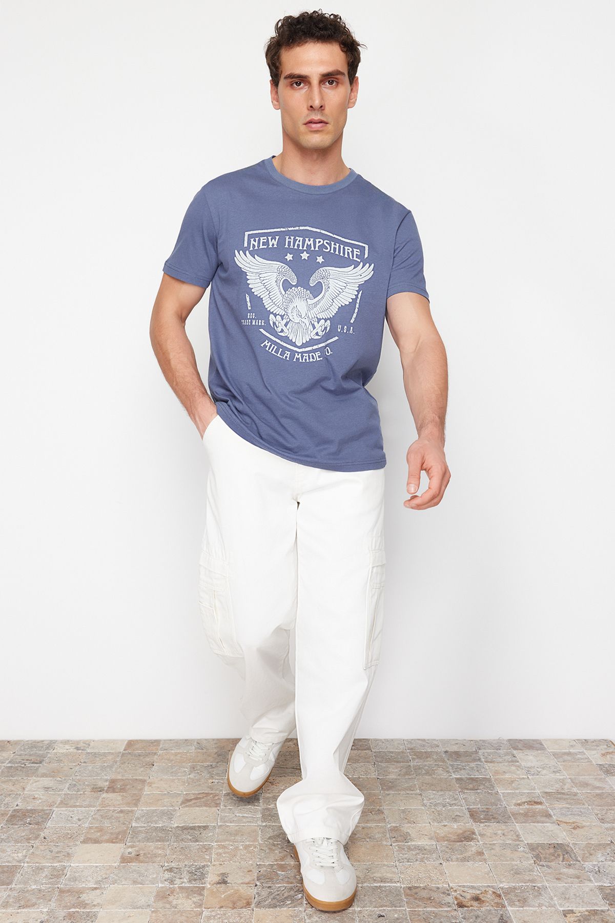 TRENDYOL MAN Mavi Kartal Baskılı Regular/Normal Kesim   T-Shirt TMNSS24TS00208