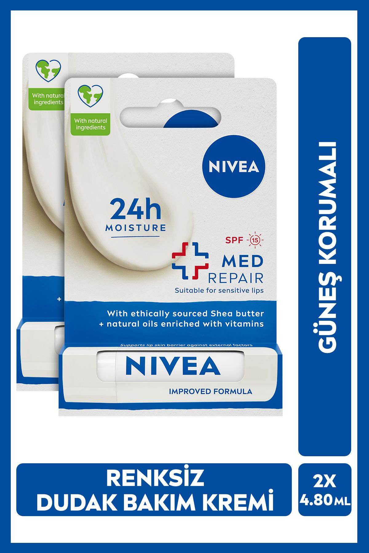 NIVEA Med Repair Dudak Bakım Kremi,24 Saat Nem,doğal Yağlar Ile Çatlamış Dudak Bakım,4,8grx2adet