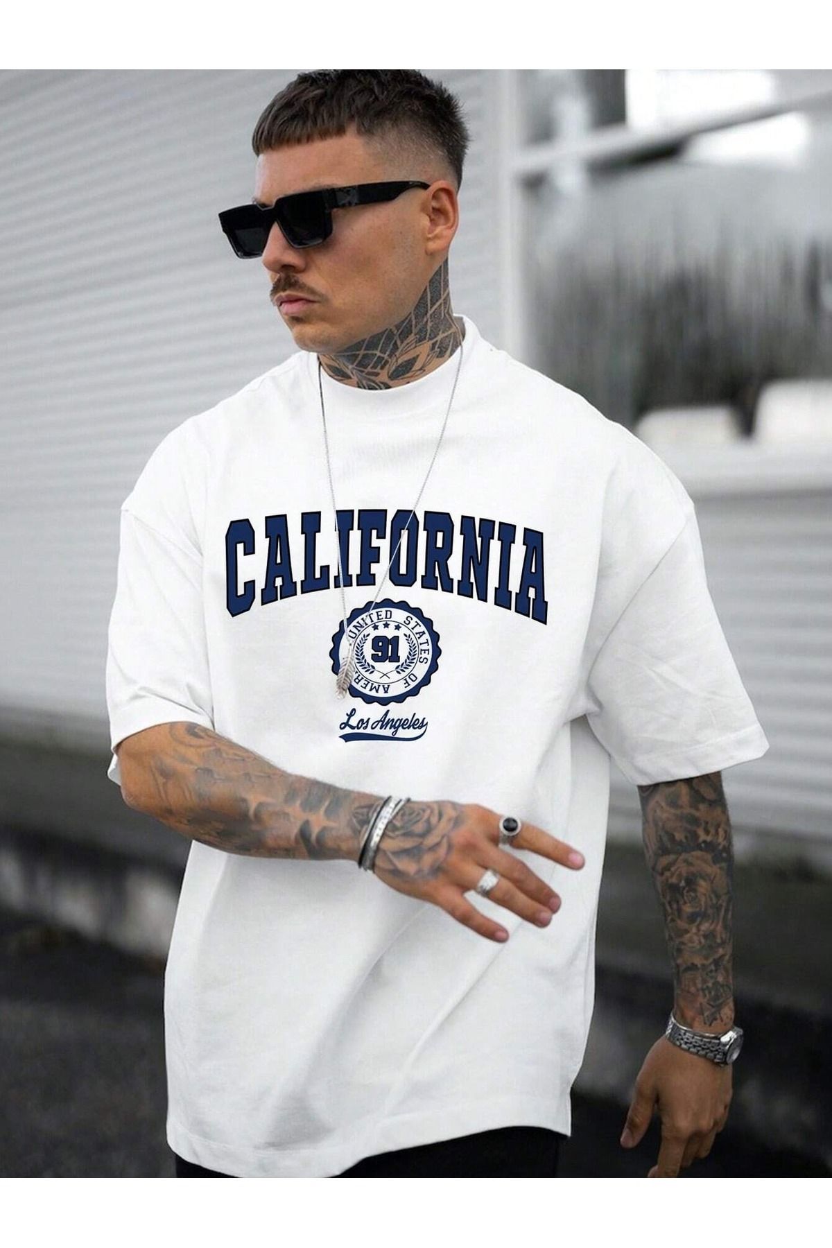 Trendseninle Erkek Beyaz California United State 91  Baskılı Oversize Tişört