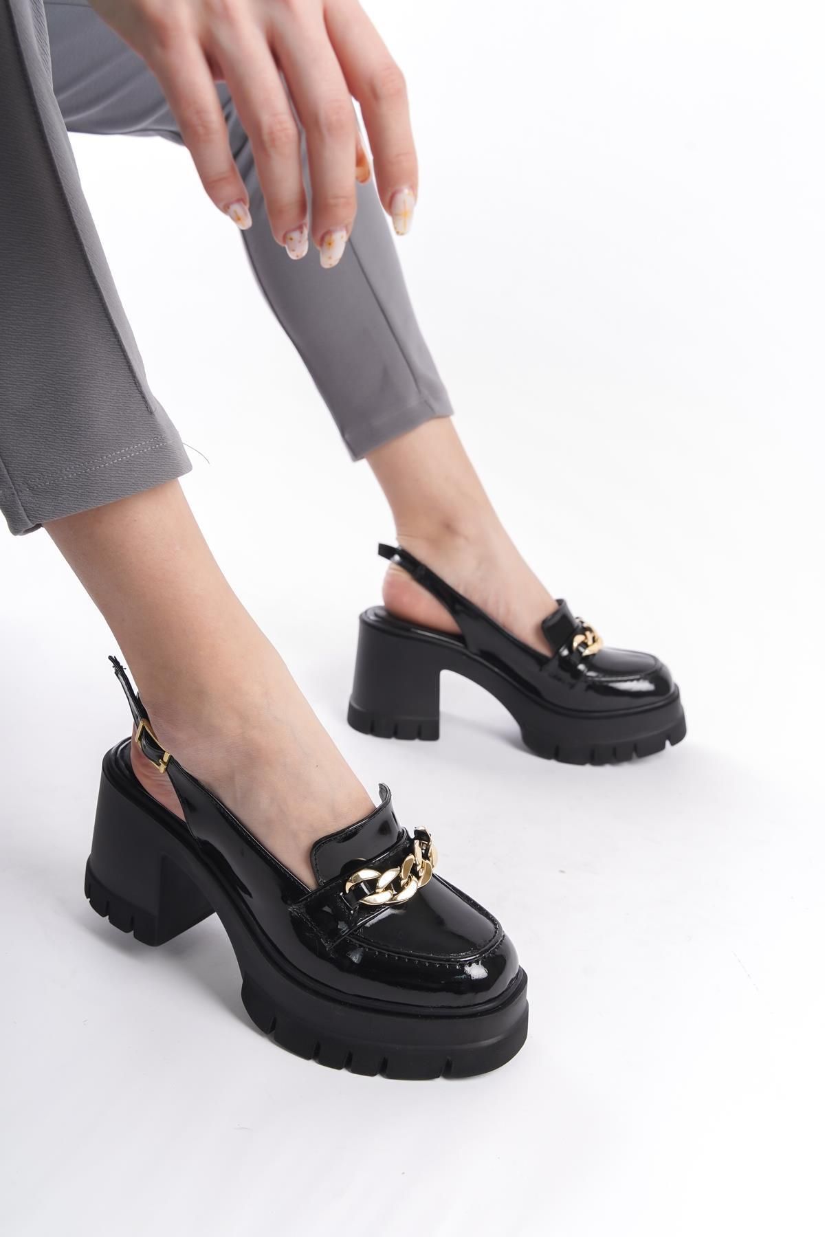 Preshley Kadın Bianca Siyah Rugan Arkası Acık 8 cm Topuklu Platformlu Ayakkabı 650
