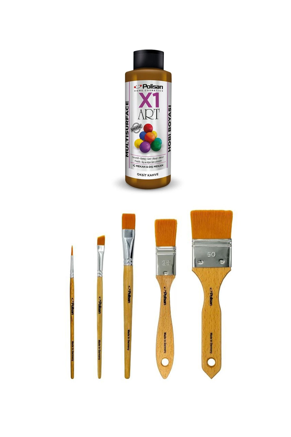 Polisan X1 Art Akrilik Hobi Boyası 120ml - Oksit Kahve + X1 Art Pro İpek Fırça Seti