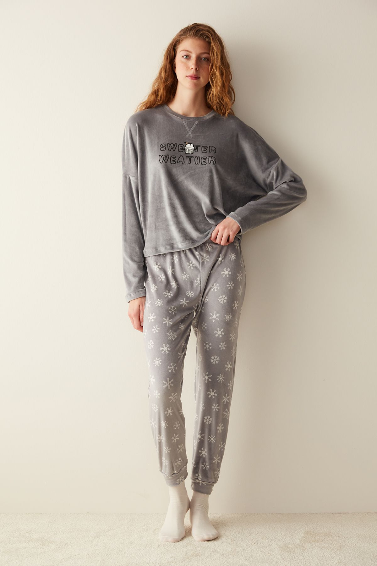 Penti Penguen Baskılı Fuzzy Sweatshirt Gri Pijama Üstü