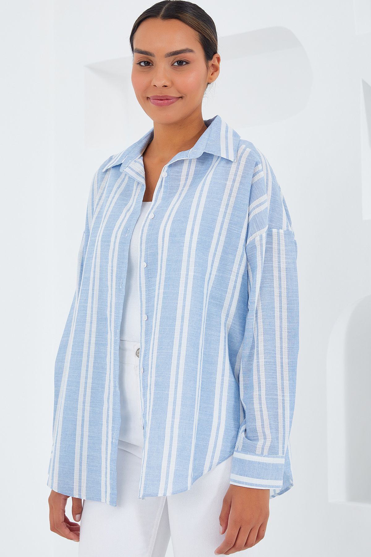 Bigdart Kadın Mavi Beyaz Çizgili Oversize Keten Gömlek 20251