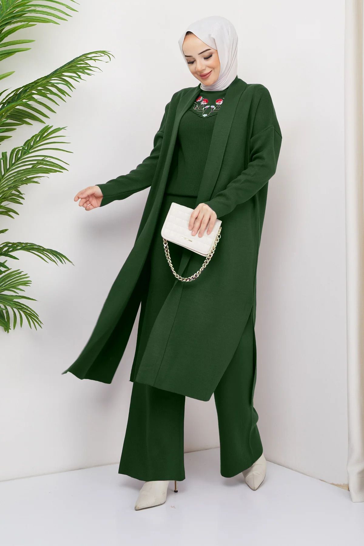 Julude Yeşil Yaka İşlemeli Triko Bluz Pantolon Hırka Tesettür Üçlü Takım