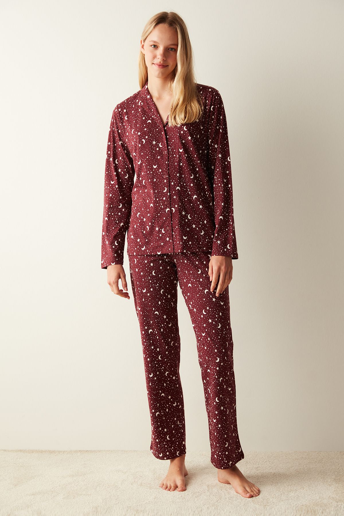 Penti Gökyüzü Desenli Gömlek Pantolon Bordo Pijama Takımı