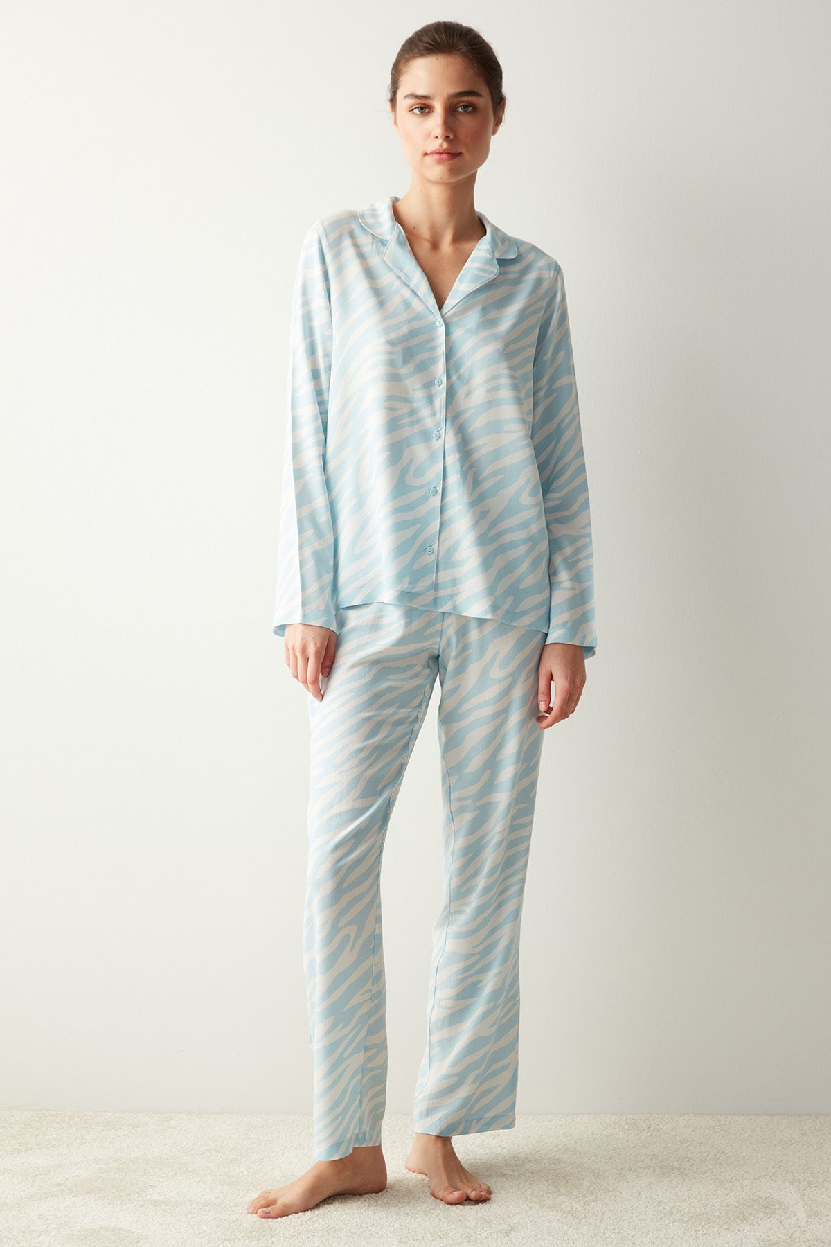 Penti Base Mavi Zebra Gömlek Pantolon Pijama Takımı