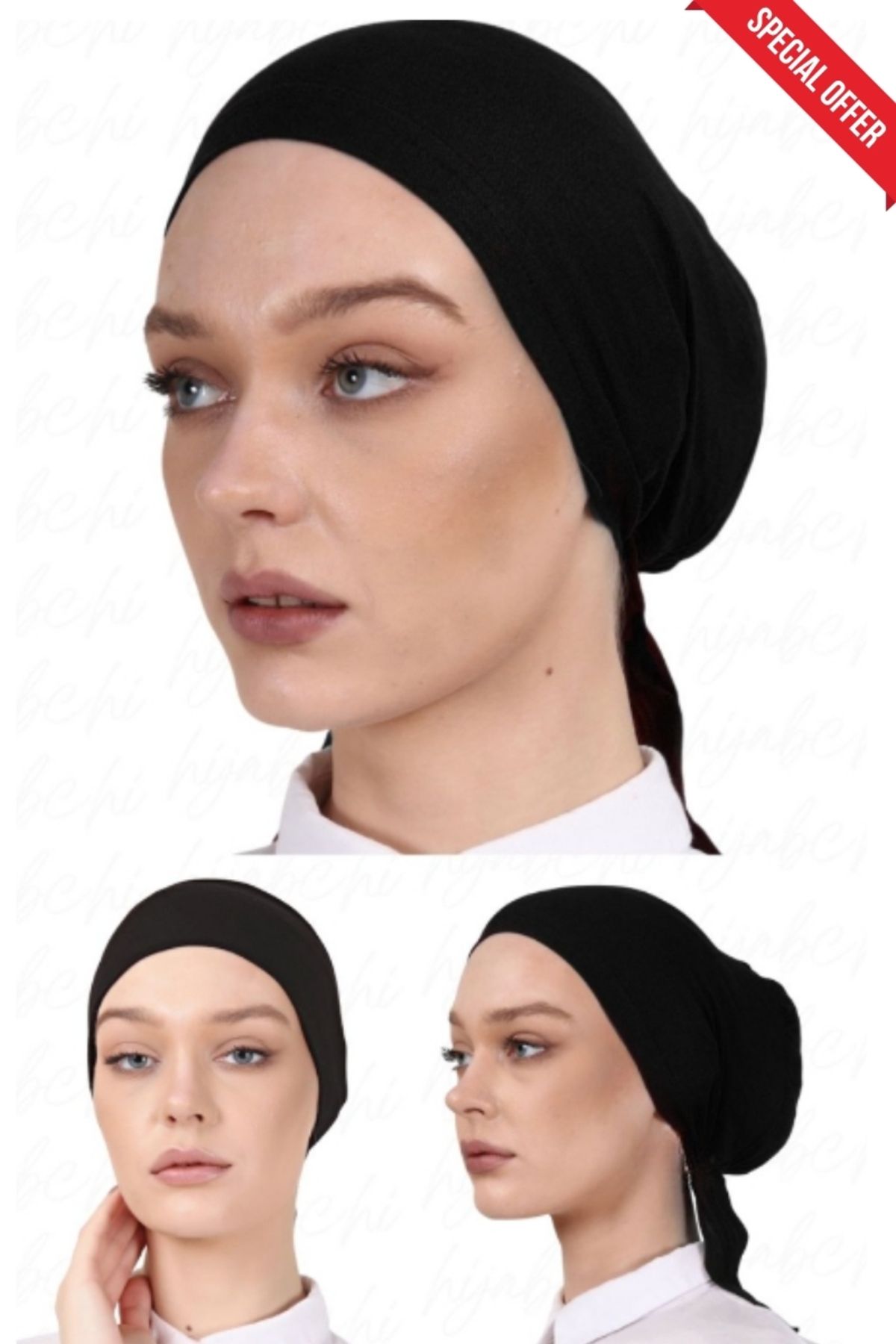 hijabchi Klasik Penye Tesettür Bonesi Önü Dikişli - Classic Cotton Under Bonnet For Hijab - Siyah