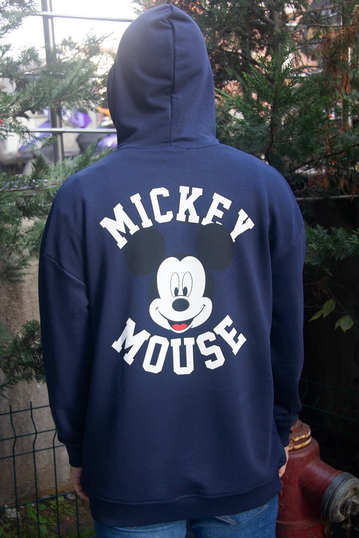 Overoz Unisex Mickey Mouse Kapüşonlu Lacivert Oversize Sweatshirt OVEROZ-SB-123