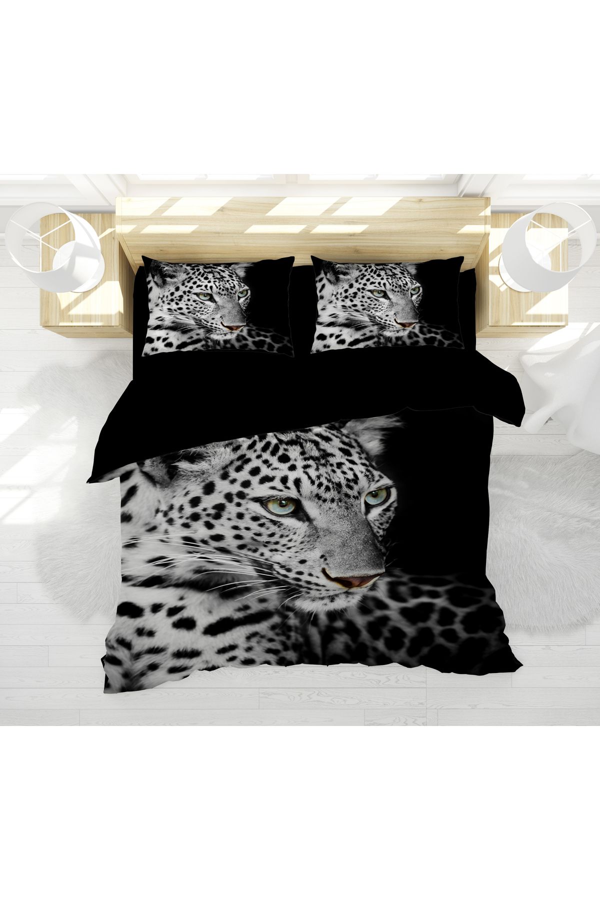 Erays Home Erayshome Leopar Beyaz Leopar 3D Dijital Baskılı Çift Kişilik Nevresim Takımı