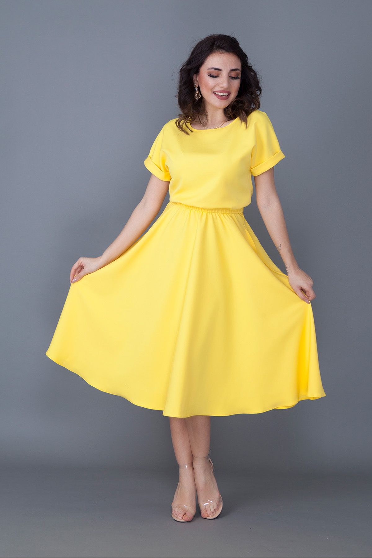 modastation Kadın Sarı Cepli Atlas Krep Dökümlü Yarasa Kol Beli Lastikli Midi Boy Büyük Beden Elbise