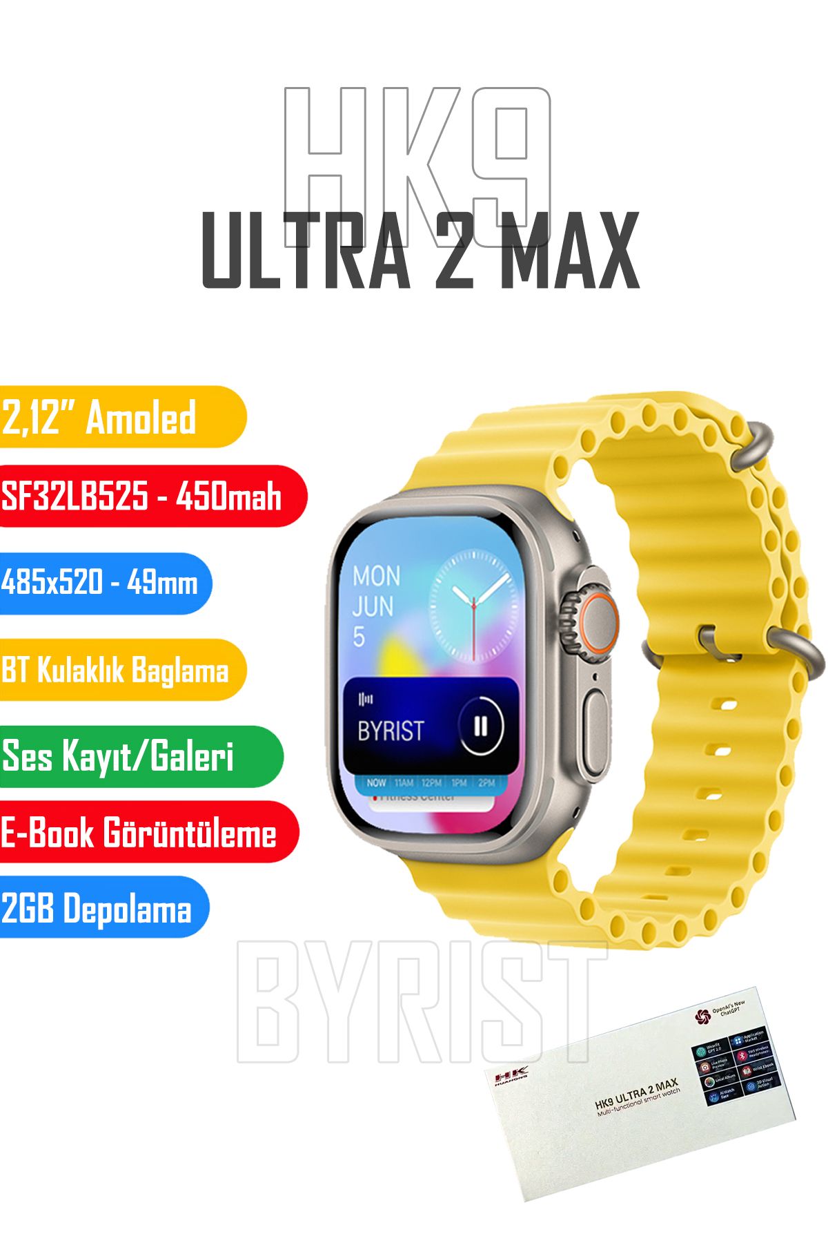 Byrist Hk9 Ultra 2 Max GEN4 49MM Amoled Ekran Galeri/Ses Kayıt/2GB Depolama Özellikli 2024 Akıllı Saat