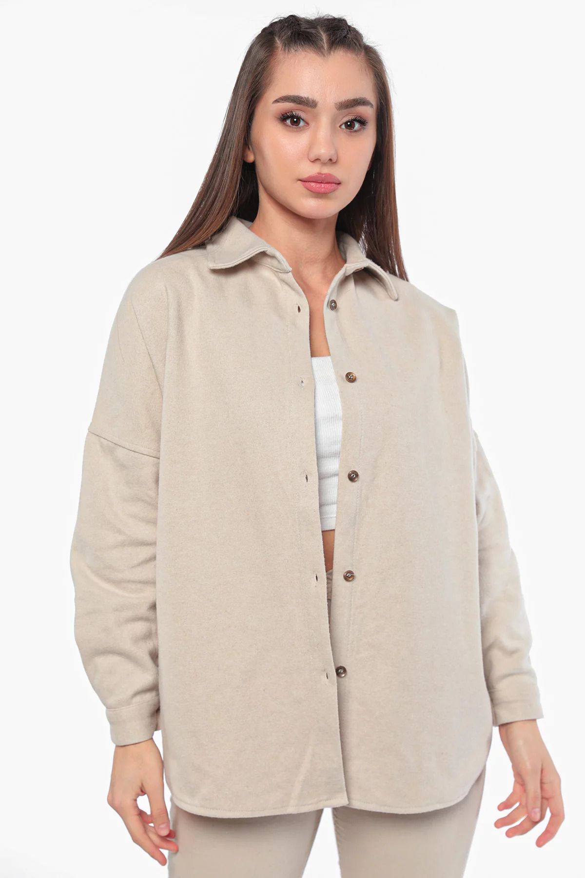 GÜLSELİ Taş Kışlık Kadın Sırt Geometrik Desenli Kaşe Ceket Gömlek