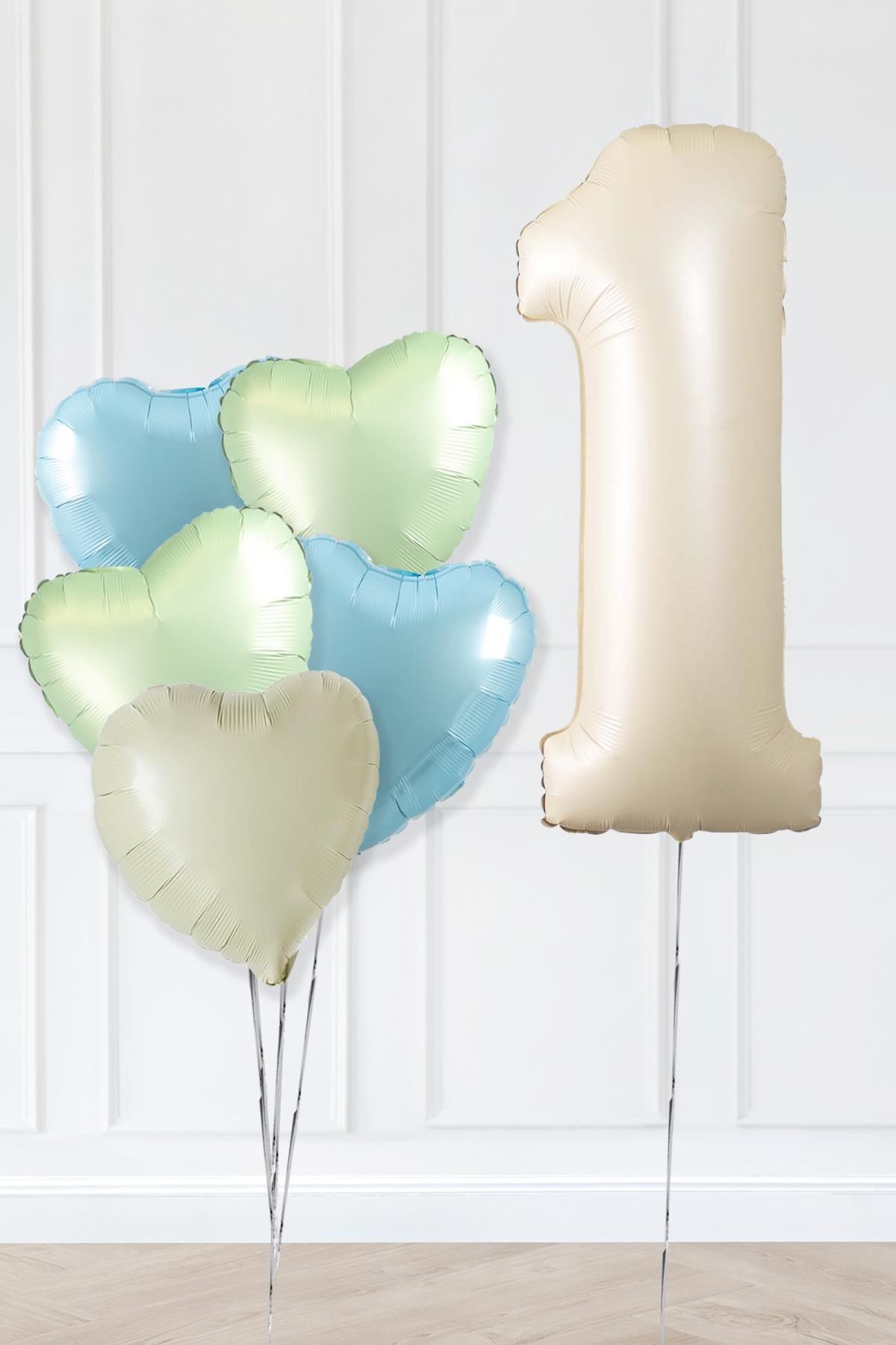 PEKSHOP Retro Yeşil Mavi Kalpli Krem Yaş Balonlu Balon Seti Deniz Kumu Krem Retro Doğum Günü Rakam Yaş Balon