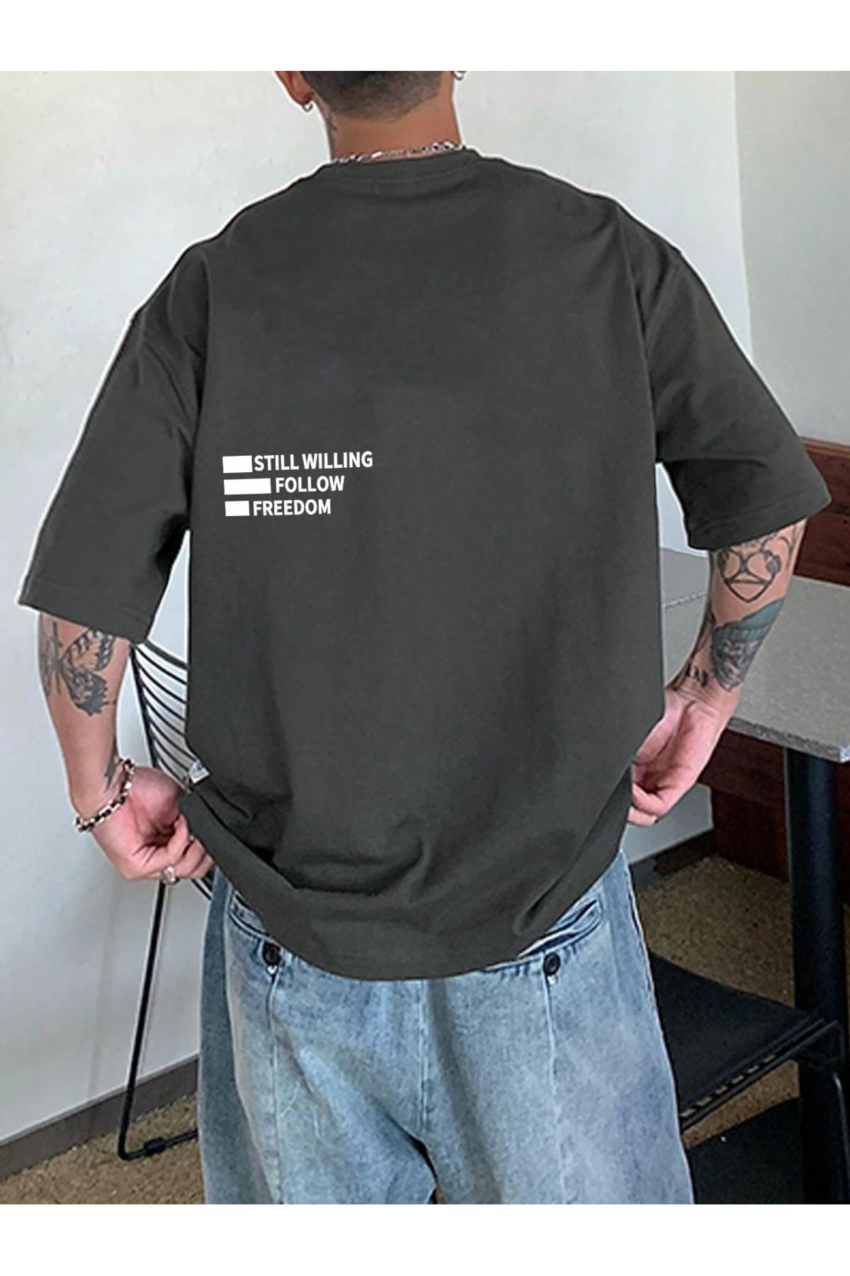 VBSVİBES Unisex Füme Oversiz Still Follow Freedom Baskılı Örme T-shirt