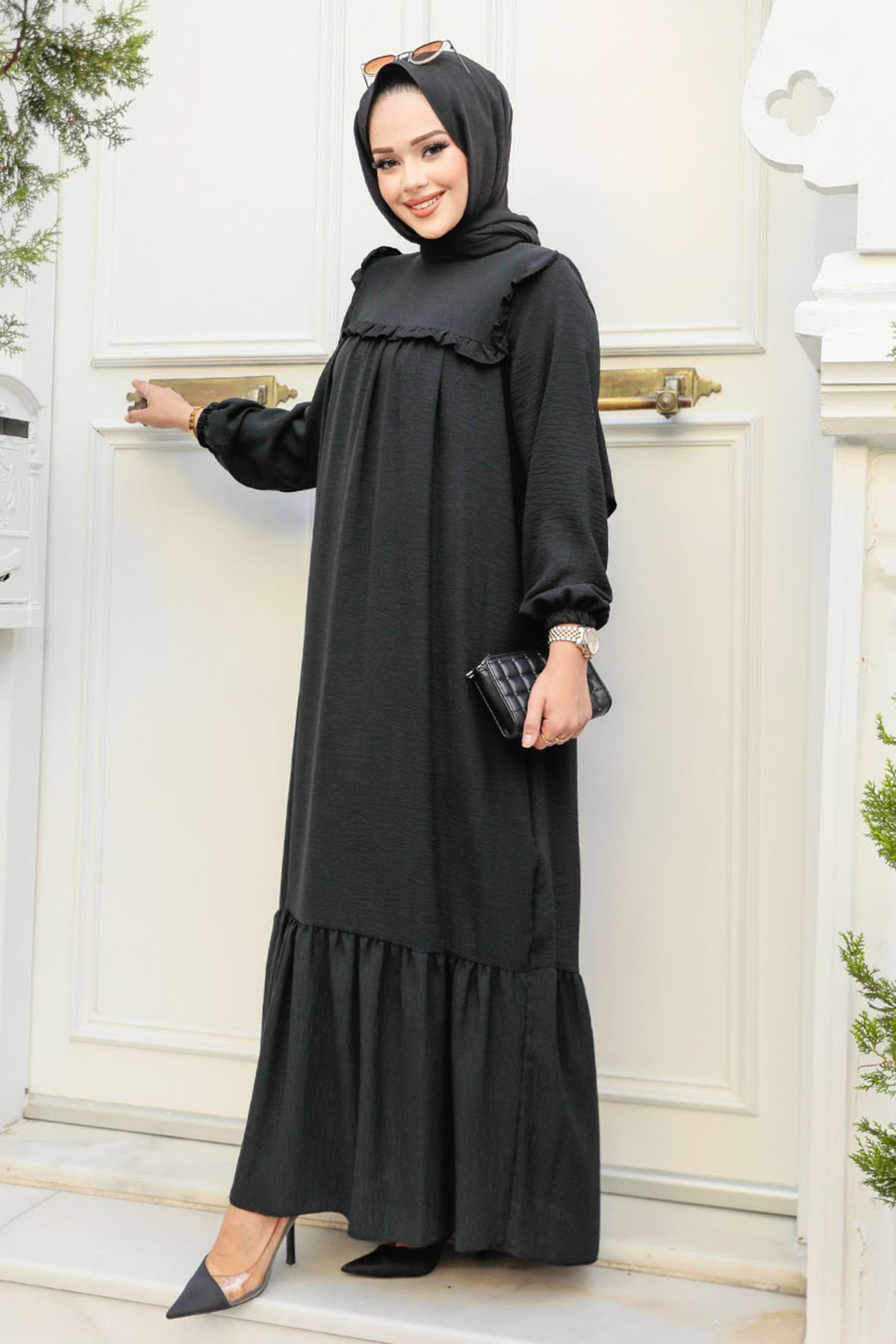 Neva Style - Fırfır Detaylı Siyah Tesettür Elbise 7681s