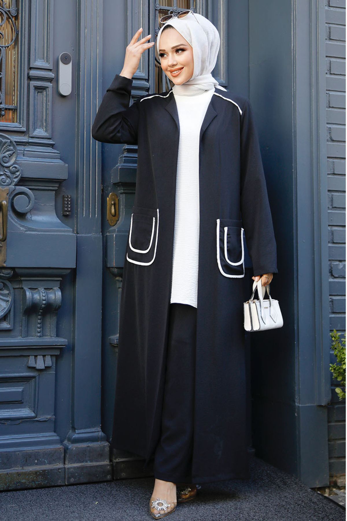 Neva Style Cep Detaylı Siyah Tesettür Kimono Üçlü Takım 80101S