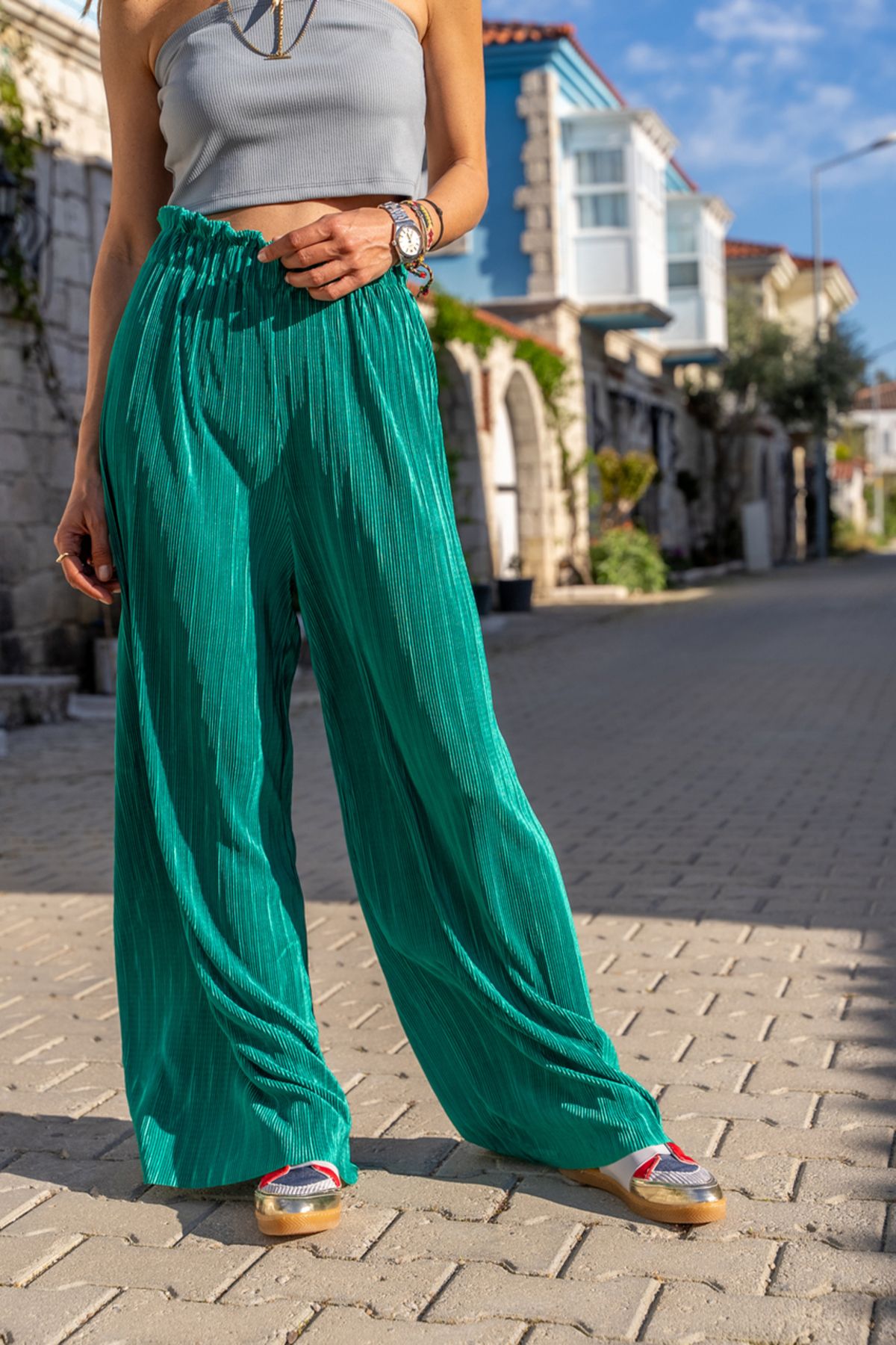 Güneşkızı Kadın Yeşil Kendinden Dokulu Beli Lastikli Bol Paça Salaş Pantolon BST700-3578